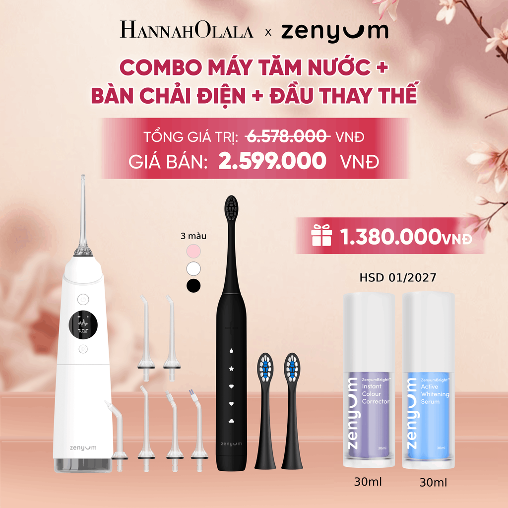  COMBO MÁY TĂM NƯỚC ZENYUM PRO + 6 ĐẦU THAY+ BÀN CHẢI ĐIỆN ZENYUM SONIC 2.0 + 2 ĐẦU THAY ÊM DỊU - A1928 