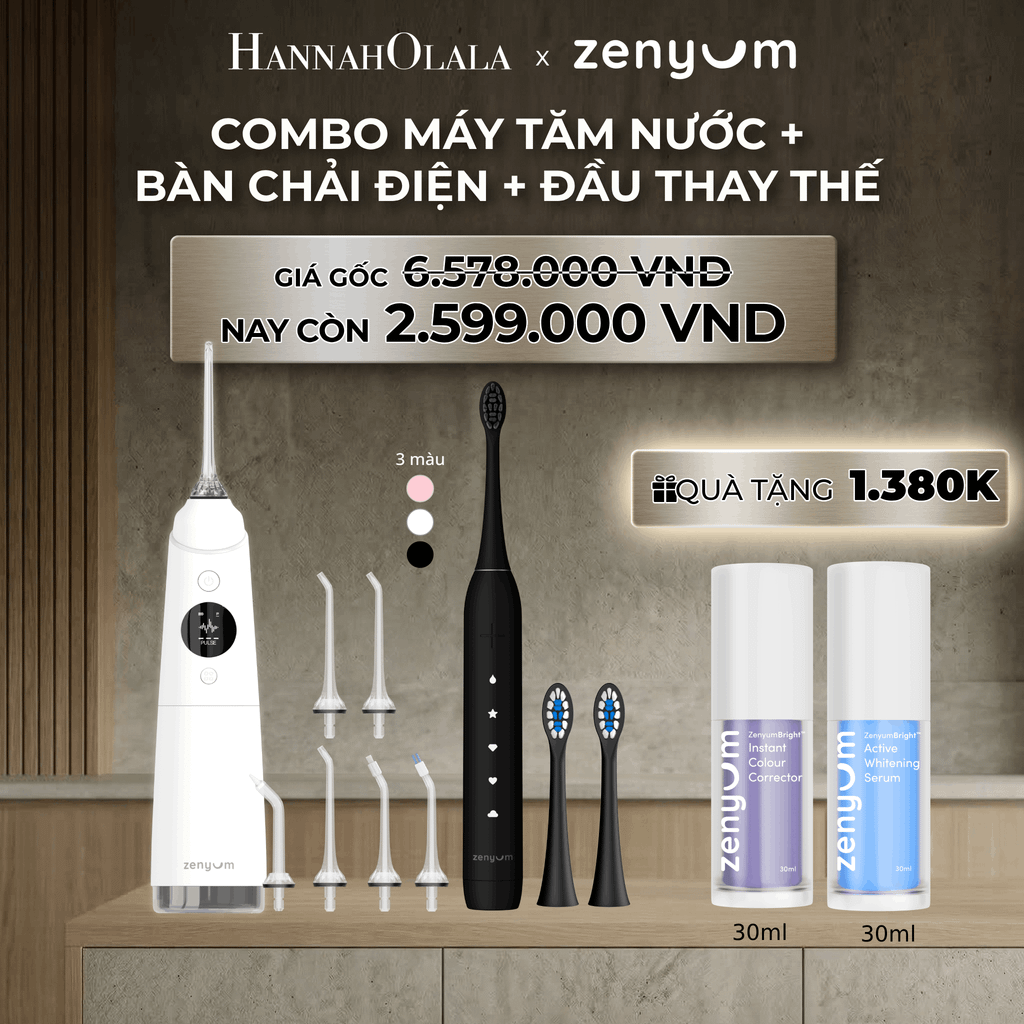  DEAL 3: COMBO MÁY TĂM NƯỚC ZENYUM PRO + 6 ĐẦU THAY+ BÀN CHẢI ĐIỆN ZENYUM SONIC 2.0 + 2 ĐẦU THAY ÊM DỊU 