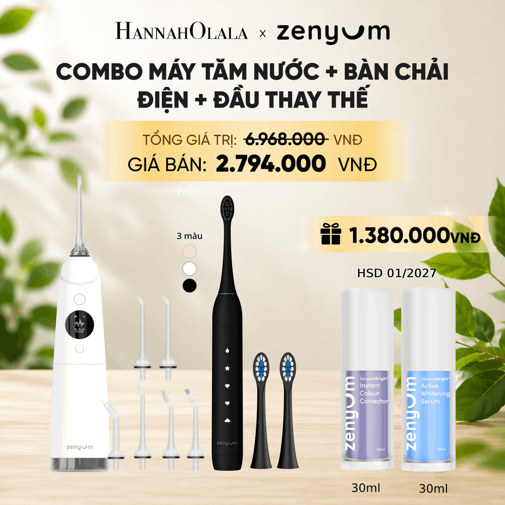  COMBO MÁY TĂM NƯỚC ZENYUM PRO + 6 ĐẦU THAY+ BÀN CHẢI ĐIỆN ZENYUM SONIC 2.0 + 2 ĐẦU THAY ÊM DỊU + SERUM ĐIỀU CHỈNH, LÀM TRẮNG RĂNG 