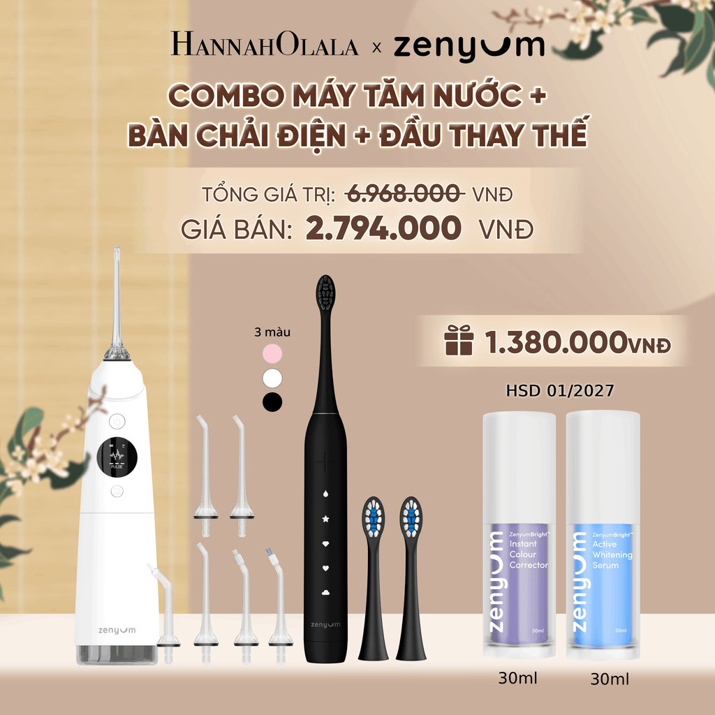  COMBO MÁY TĂM NƯỚC ZENYUM PRO + 6 ĐẦU THAY+ BÀN CHẢI ĐIỆN ZENYUM SONIC 2.0 + 2 ĐẦU THAY ÊM DỊU + SERUM ĐIỀU CHỈNH, LÀM TRẮNG RĂNG - A1744 
