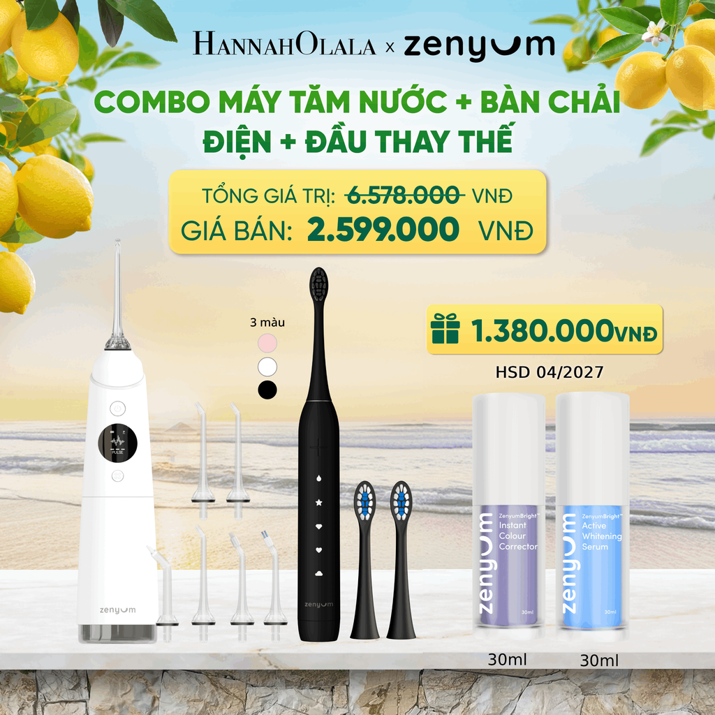  COMBO MÁY TĂM NƯỚC ZENYUM PRO + 6 ĐẦU THAY+ BÀN CHẢI ĐIỆN ZENYUM SONIC 2.0 + 2 ĐẦU THAY ÊM DỊU - A1548 
