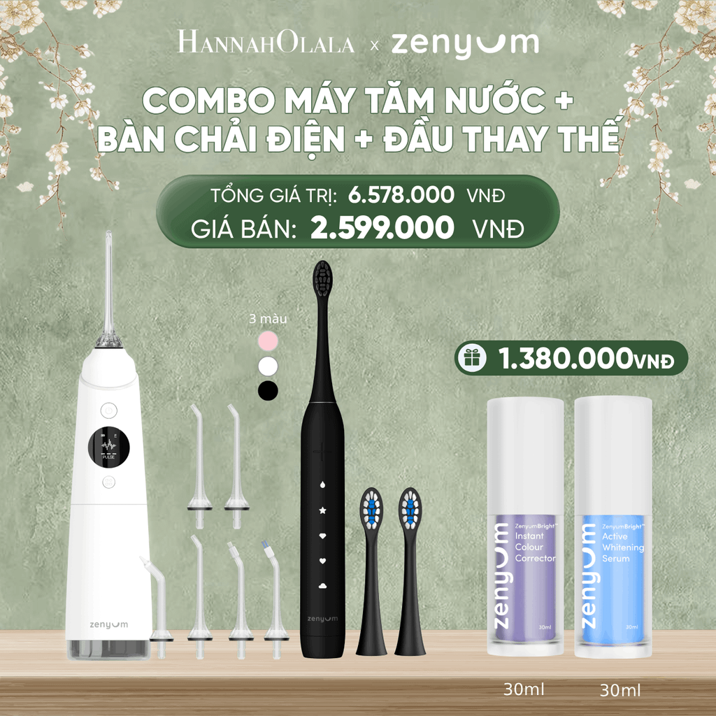  DEAL 3: BỘ MÁY TĂM NƯỚC ZENYUM PRO + 6 ĐẦU THAY+ BÀN CHẢI ĐIỆN ZENYUM SONIC 2.0 + 2 ĐẦU THAY ÊM DỊU 