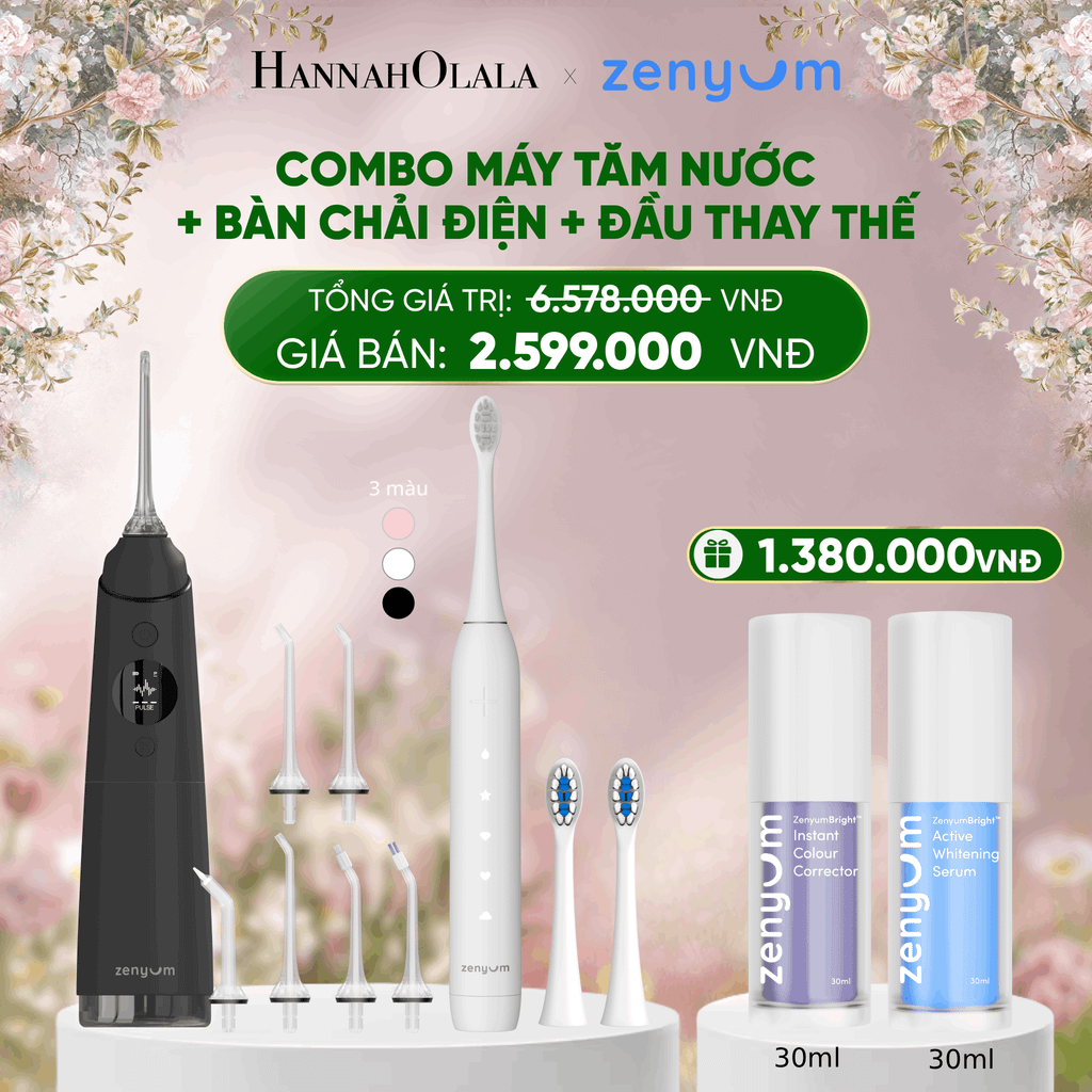  DEAL 3: COMBO MÁY TĂM NƯỚC ZENYUM PRO + 6 ĐẦU THAY+ BÀN CHẢI ĐIỆN ZENYUM SONIC 2.0 + 2 ĐẦU THAY ÊM DỊU 