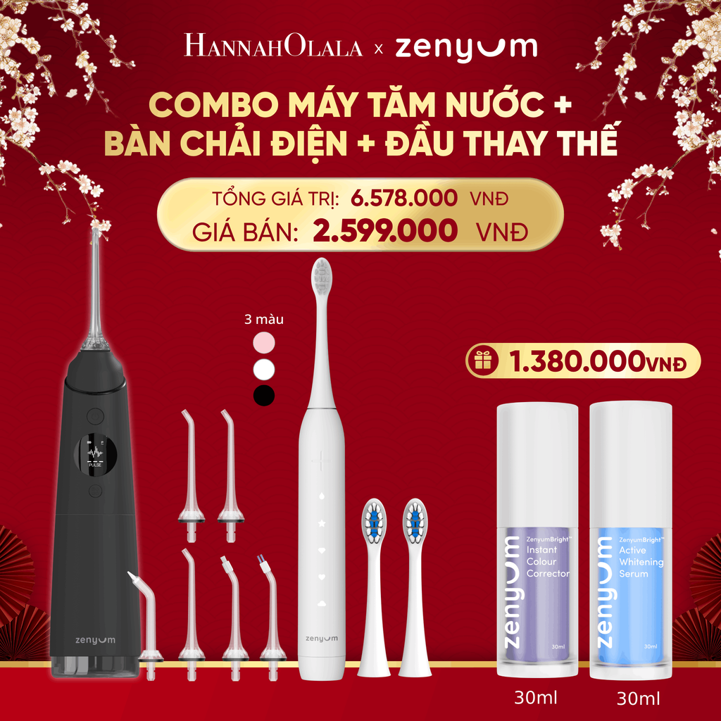  DEAL 3: COMBO MÁY TĂM NƯỚC ZENYUM PRO + 6 ĐẦU THAY+ BÀN CHẢI ĐIỆN ZENYUM SONIC 2.0 + 2 ĐẦU THAY ÊM DỊU 