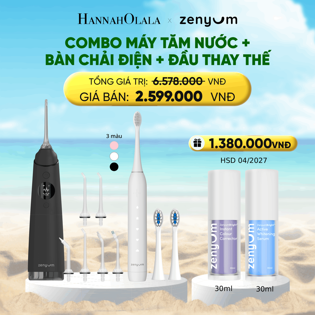  DEAL 3: COMBO MÁY TĂM NƯỚC ZENYUM PRO + 6 ĐẦU THAY+ BÀN CHẢI ĐIỆN ZENYUM SONIC 2.0 + 2 ĐẦU THAY ÊM DỊU 