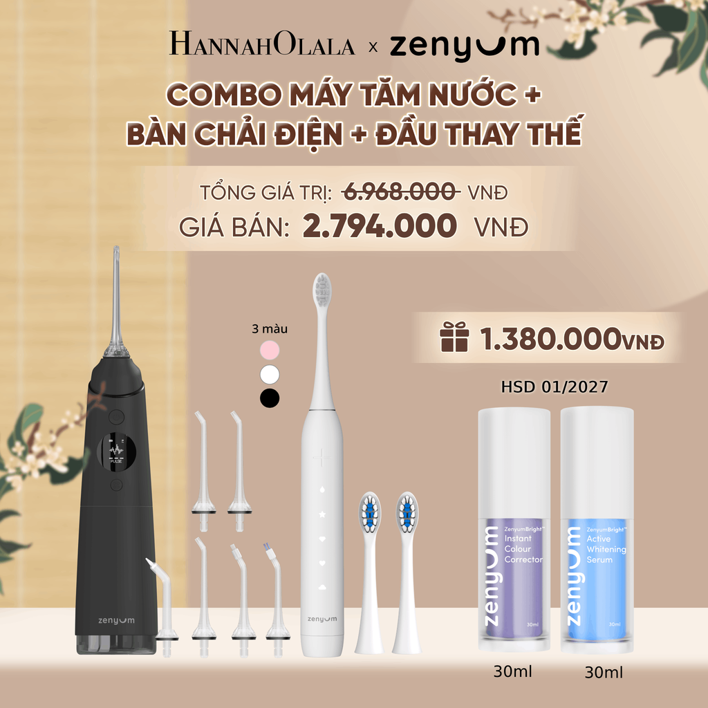  COMBO MÁY TĂM NƯỚC ZENYUM PRO + 6 ĐẦU THAY+ BÀN CHẢI ĐIỆN ZENYUM SONIC 2.0 + 2 ĐẦU THAY ÊM DỊU + SERUM ĐIỀU CHỈNH, LÀM TRẮNG RĂNG - A1744 