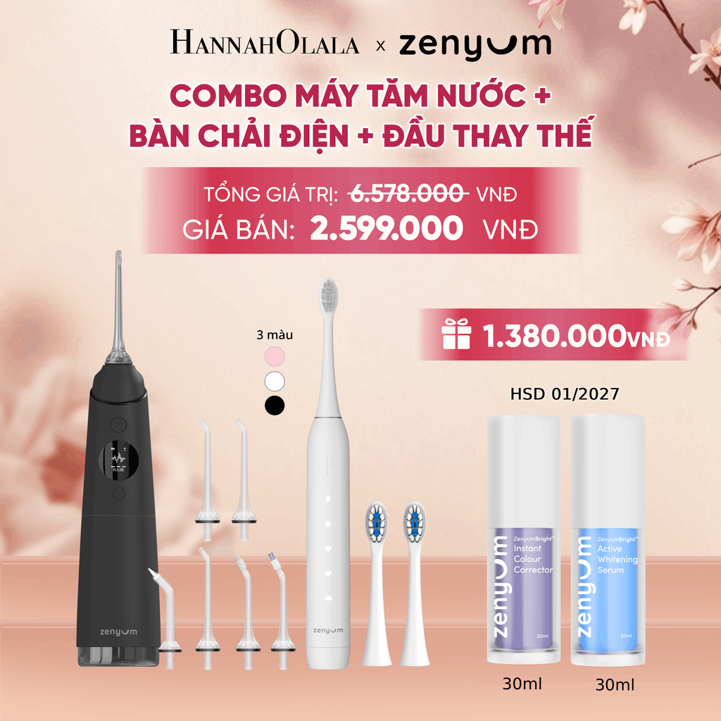  COMBO MÁY TĂM NƯỚC ZENYUM PRO + 6 ĐẦU THAY+ BÀN CHẢI ĐIỆN ZENYUM SONIC 2.0 + 2 ĐẦU THAY ÊM DỊU - A1928 