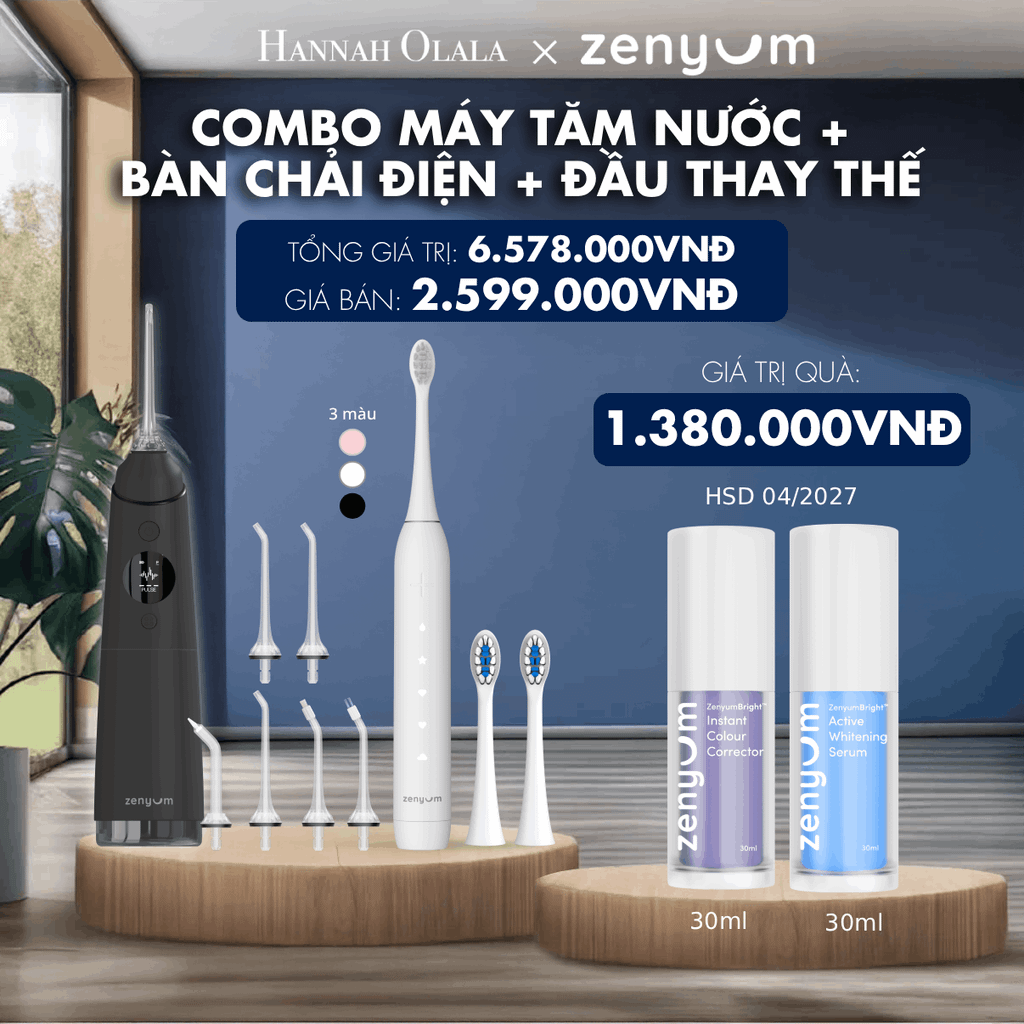  DEAL 3: COMBO MÁY TĂM NƯỚC ZENYUM PRO + 6 ĐẦU THAY+ BÀN CHẢI ĐIỆN ZENYUM SONIC 2.0 + 2 ĐẦU THAY ÊM DỊU 