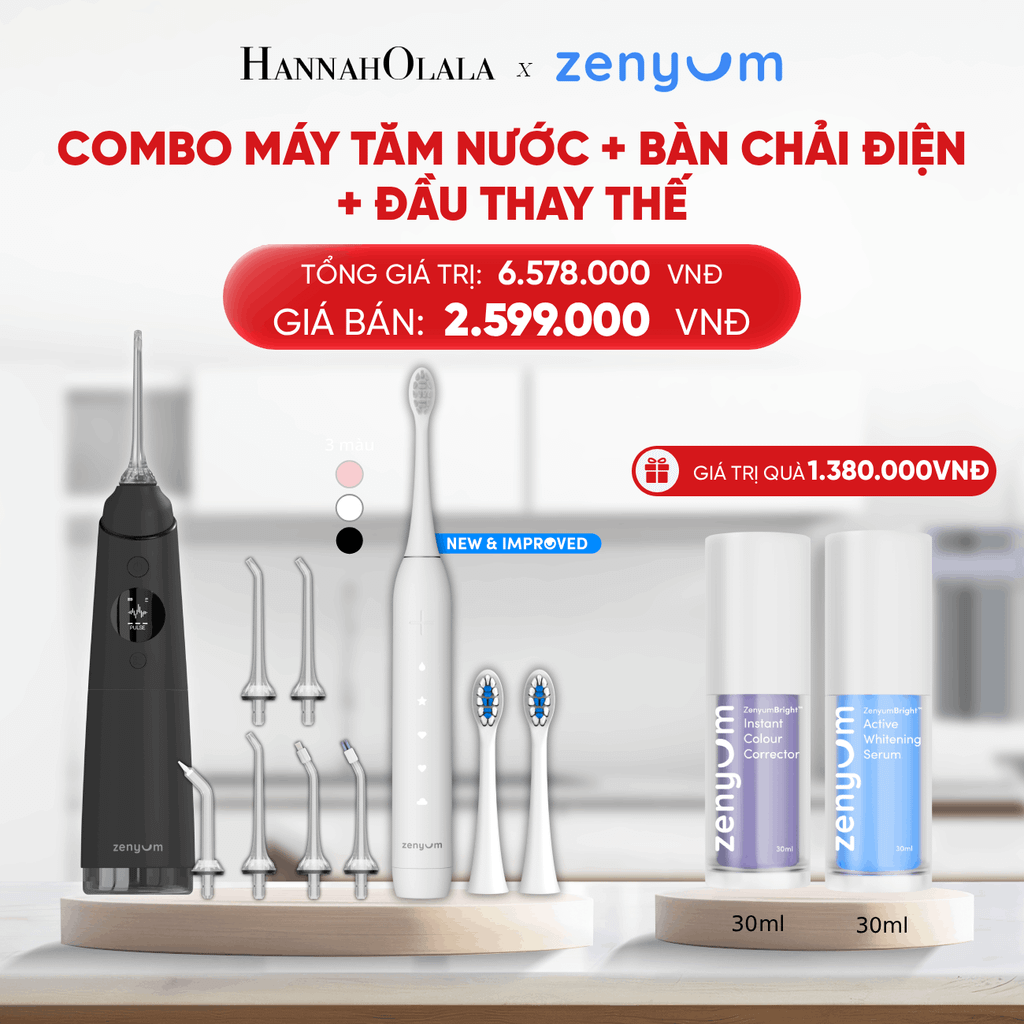  DEAL 3: BỘ MÁY TĂM NƯỚC ZENYUM PRO + 6 ĐẦU THAY+ BÀN CHẢI ĐIỆN ZENYUM SONIC 2.0 + 2 ĐẦU THAY ÊM DỊU 