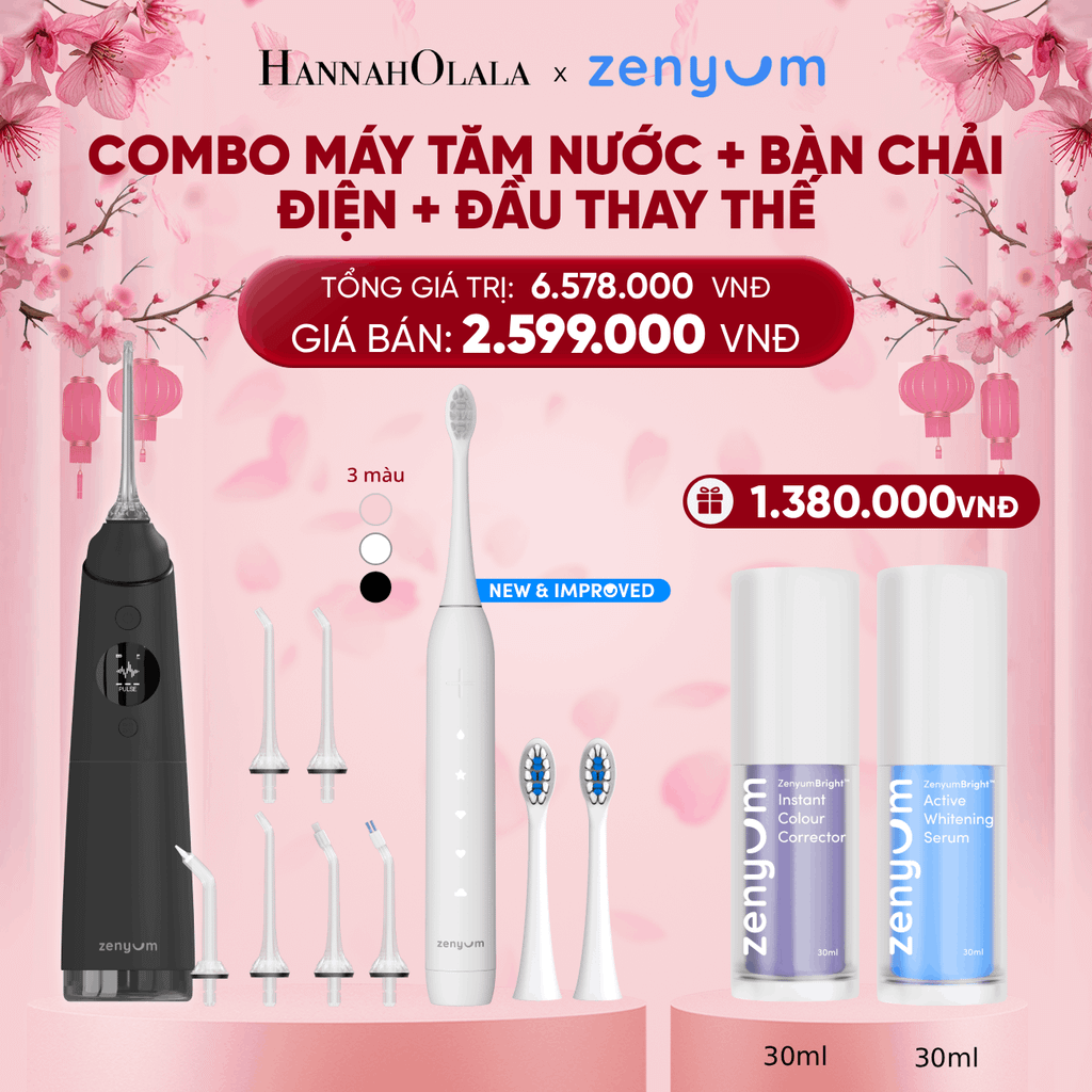  DEAL 3: BỘ MÁY TĂM NƯỚC ZENYUM PRO + 6 ĐẦU THAY+ BÀN CHẢI ĐIỆN ZENYUM SONIC 2.0 + 2 ĐẦU THAY ÊM DỊU 