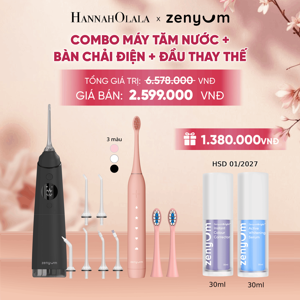  COMBO MÁY TĂM NƯỚC ZENYUM PRO + 6 ĐẦU THAY+ BÀN CHẢI ĐIỆN ZENYUM SONIC 2.0 + 2 ĐẦU THAY ÊM DỊU - A1928 