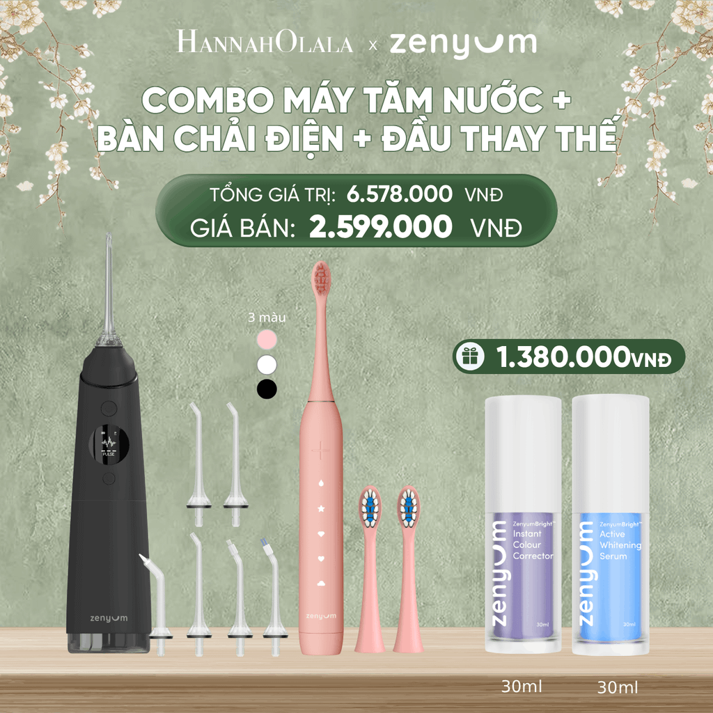  DEAL 3: BỘ MÁY TĂM NƯỚC ZENYUM PRO + 6 ĐẦU THAY+ BÀN CHẢI ĐIỆN ZENYUM SONIC 2.0 + 2 ĐẦU THAY ÊM DỊU 