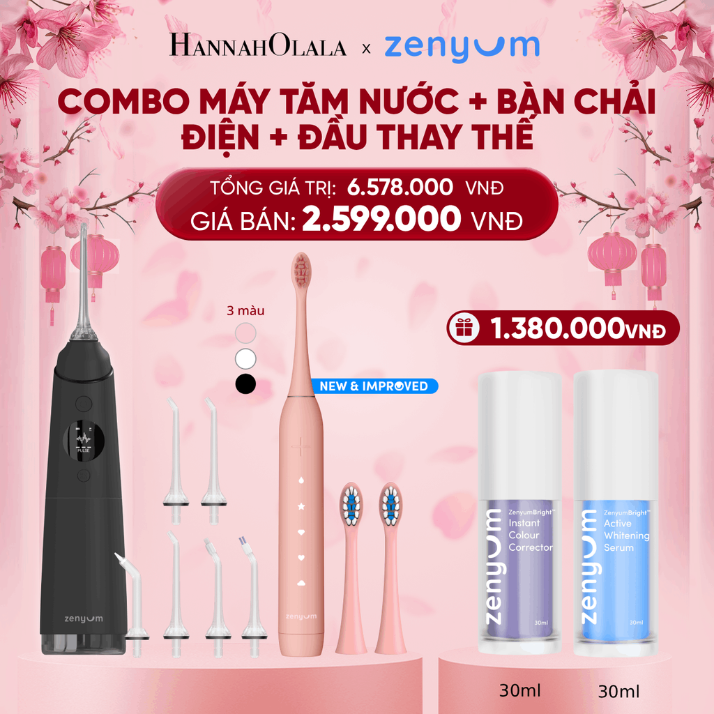  DEAL 3: BỘ MÁY TĂM NƯỚC ZENYUM PRO + 6 ĐẦU THAY+ BÀN CHẢI ĐIỆN ZENYUM SONIC 2.0 + 2 ĐẦU THAY ÊM DỊU 