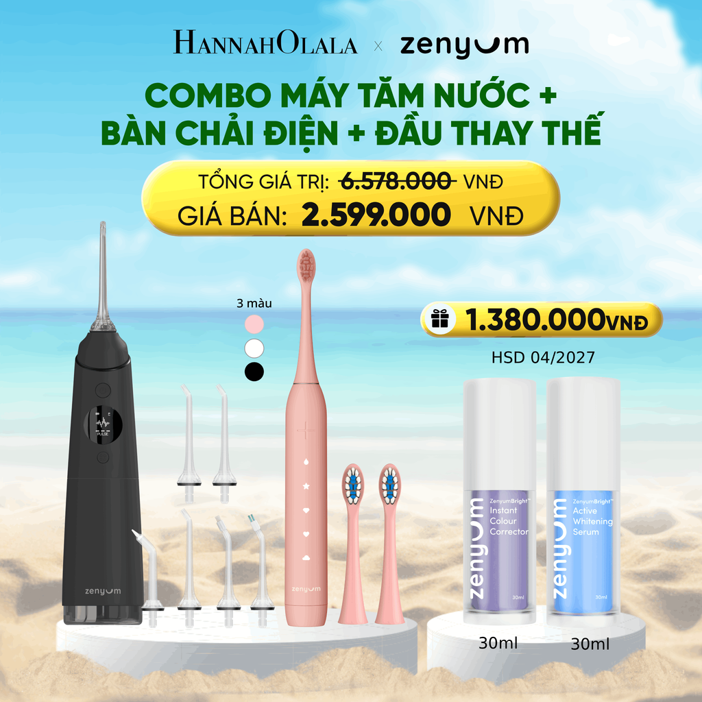  DEAL 3: COMBO MÁY TĂM NƯỚC ZENYUM PRO + 6 ĐẦU THAY+ BÀN CHẢI ĐIỆN ZENYUM SONIC 2.0 + 2 ĐẦU THAY ÊM DỊU 