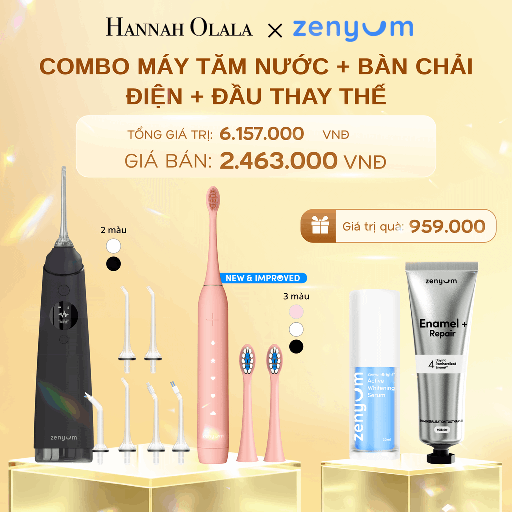  DEAL 3: BỘ MÁY TĂM NƯỚC ZENYUM PRO + 6 ĐẦU THAY+ BÀN CHẢI ĐIỆN ZENYUM SONIC 2.0 + 2 ĐẦU THAY ÊM DỊU 