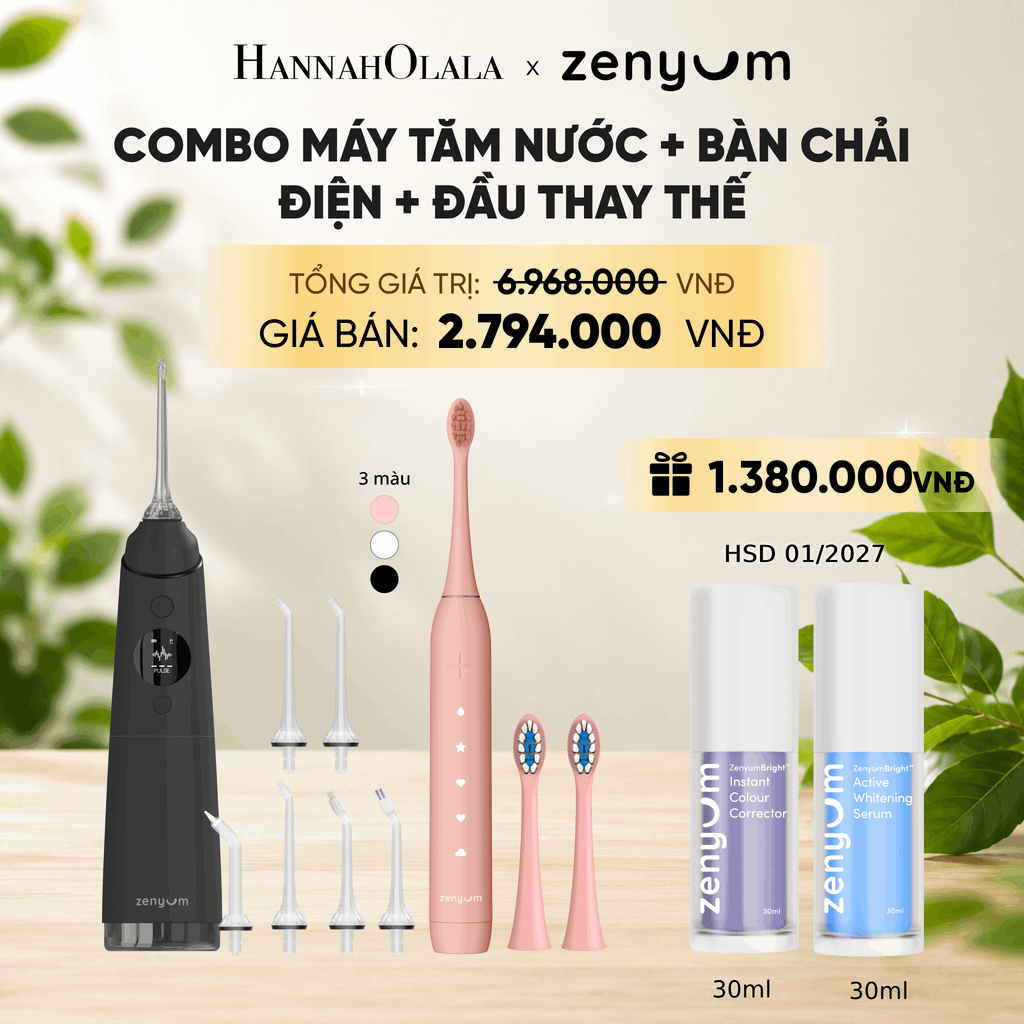  COMBO MÁY TĂM NƯỚC ZENYUM PRO + 6 ĐẦU THAY+ BÀN CHẢI ĐIỆN ZENYUM SONIC 2.0 + 2 ĐẦU THAY ÊM DỊU + SERUM ĐIỀU CHỈNH, LÀM TRẮNG RĂNG 