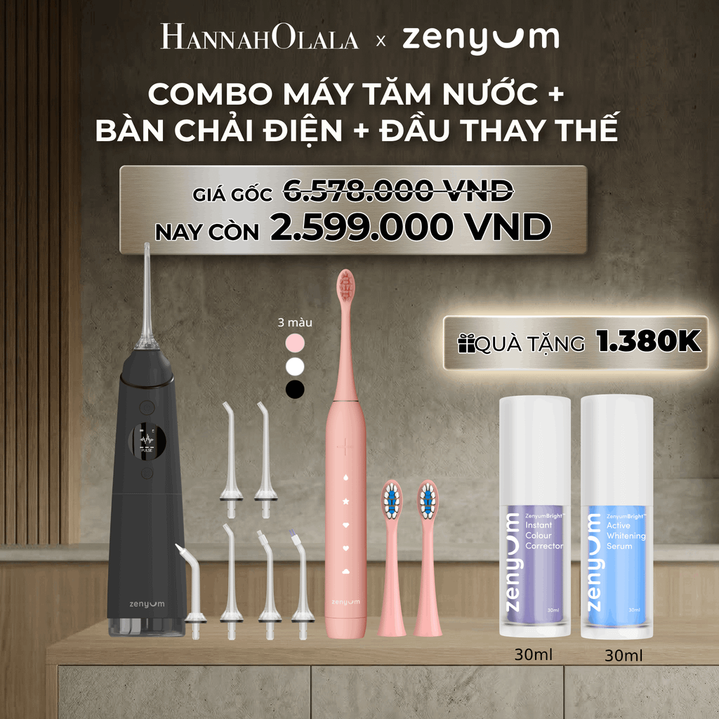  DEAL 3: COMBO MÁY TĂM NƯỚC ZENYUM PRO + 6 ĐẦU THAY+ BÀN CHẢI ĐIỆN ZENYUM SONIC 2.0 + 2 ĐẦU THAY ÊM DỊU 