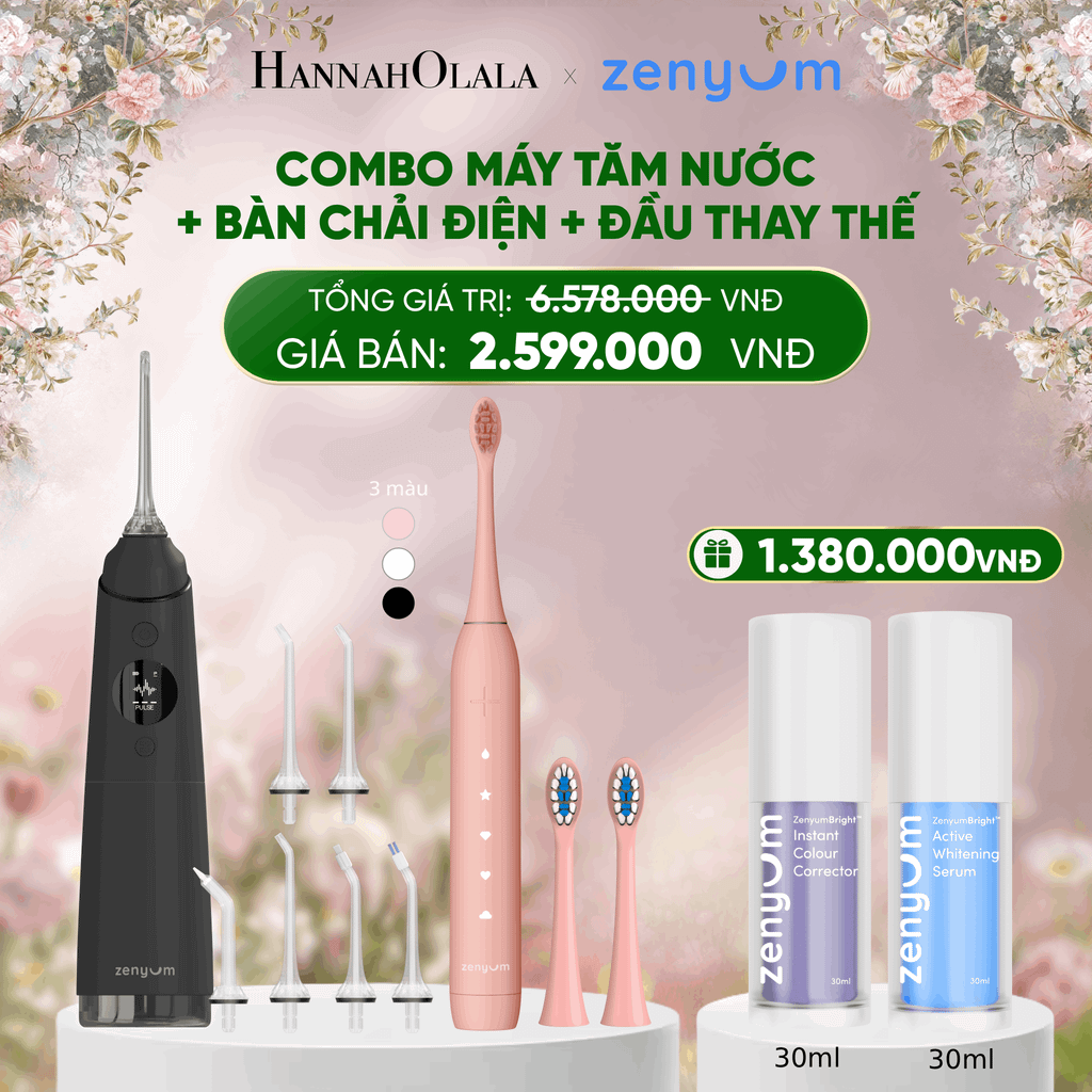 DEAL 3: COMBO MÁY TĂM NƯỚC ZENYUM PRO + 6 ĐẦU THAY+ BÀN CHẢI ĐIỆN ZENYUM SONIC 2.0 + 2 ĐẦU THAY ÊM DỊU 