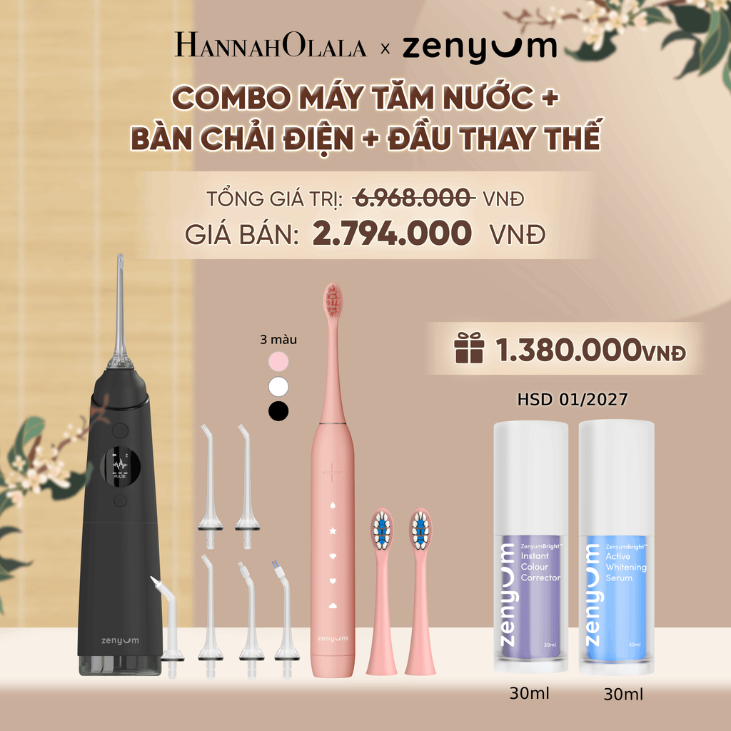  COMBO MÁY TĂM NƯỚC ZENYUM PRO + 6 ĐẦU THAY+ BÀN CHẢI ĐIỆN ZENYUM SONIC 2.0 + 2 ĐẦU THAY ÊM DỊU + SERUM ĐIỀU CHỈNH, LÀM TRẮNG RĂNG - A1744 