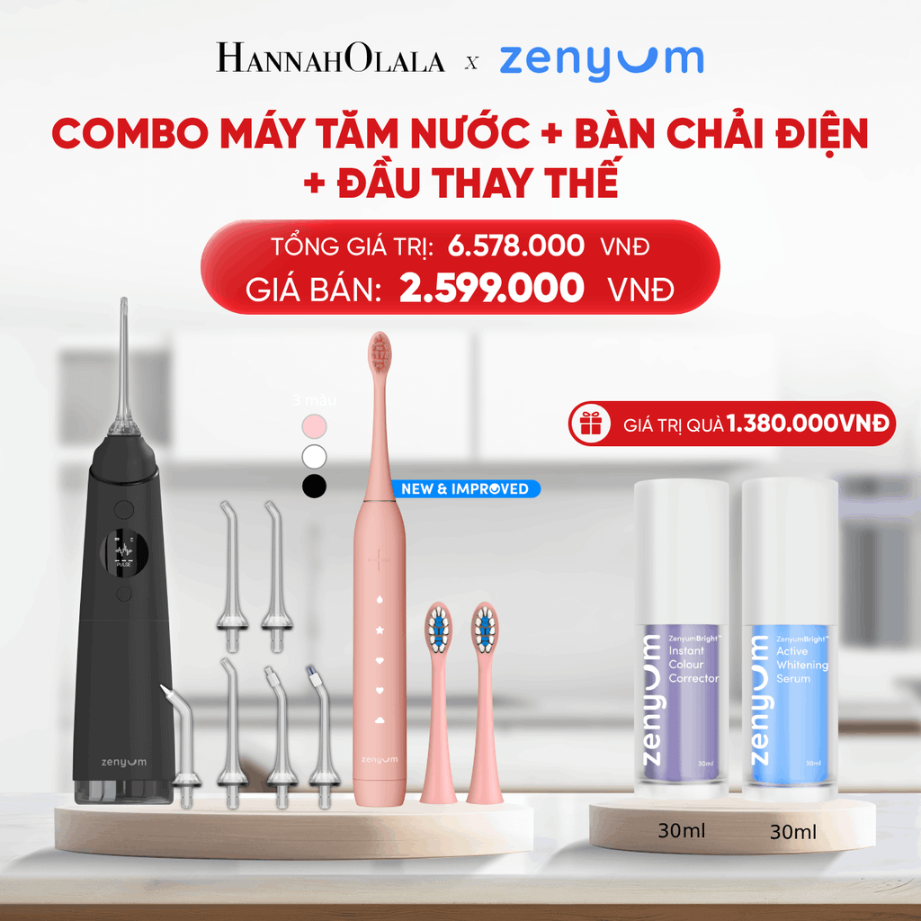  DEAL 3: BỘ MÁY TĂM NƯỚC ZENYUM PRO + 6 ĐẦU THAY+ BÀN CHẢI ĐIỆN ZENYUM SONIC 2.0 + 2 ĐẦU THAY ÊM DỊU 