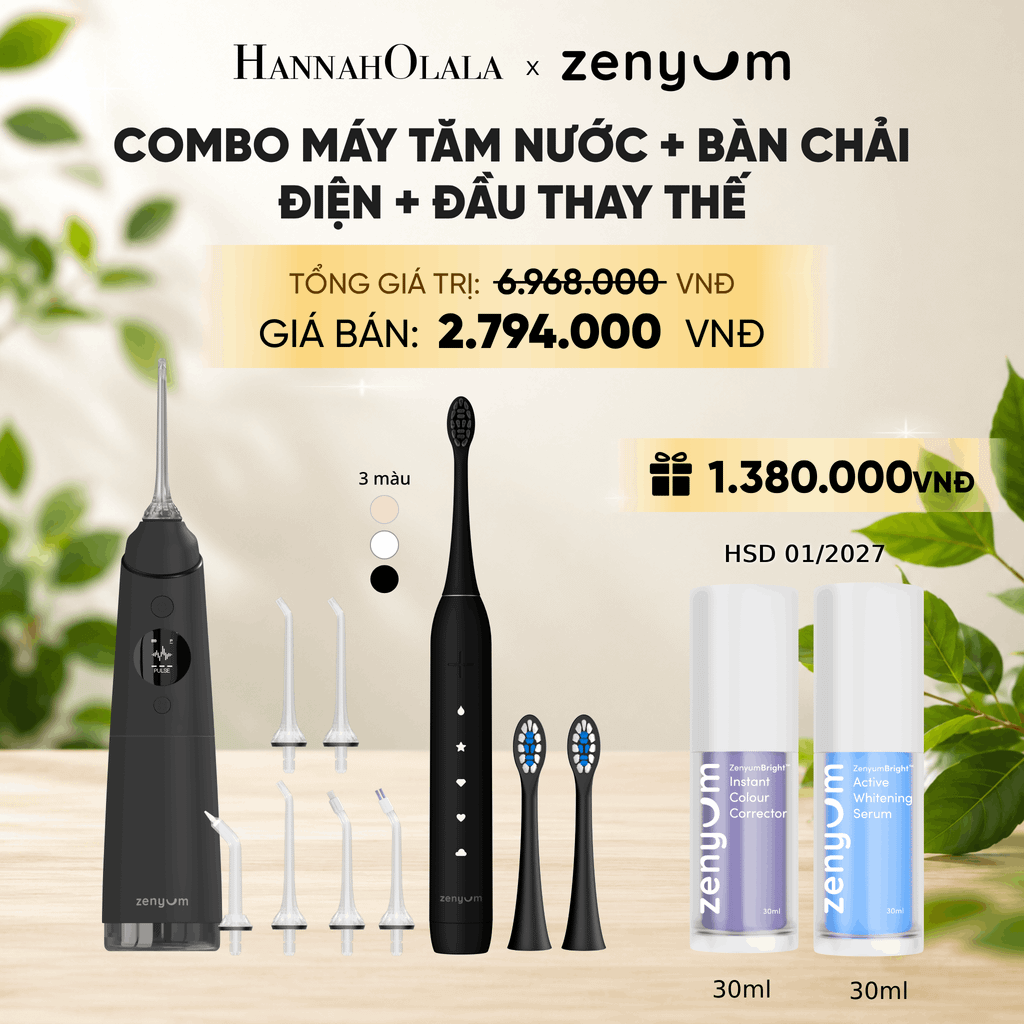  COMBO MÁY TĂM NƯỚC ZENYUM PRO + 6 ĐẦU THAY+ BÀN CHẢI ĐIỆN ZENYUM SONIC 2.0 + 2 ĐẦU THAY ÊM DỊU + SERUM ĐIỀU CHỈNH, LÀM TRẮNG RĂNG 