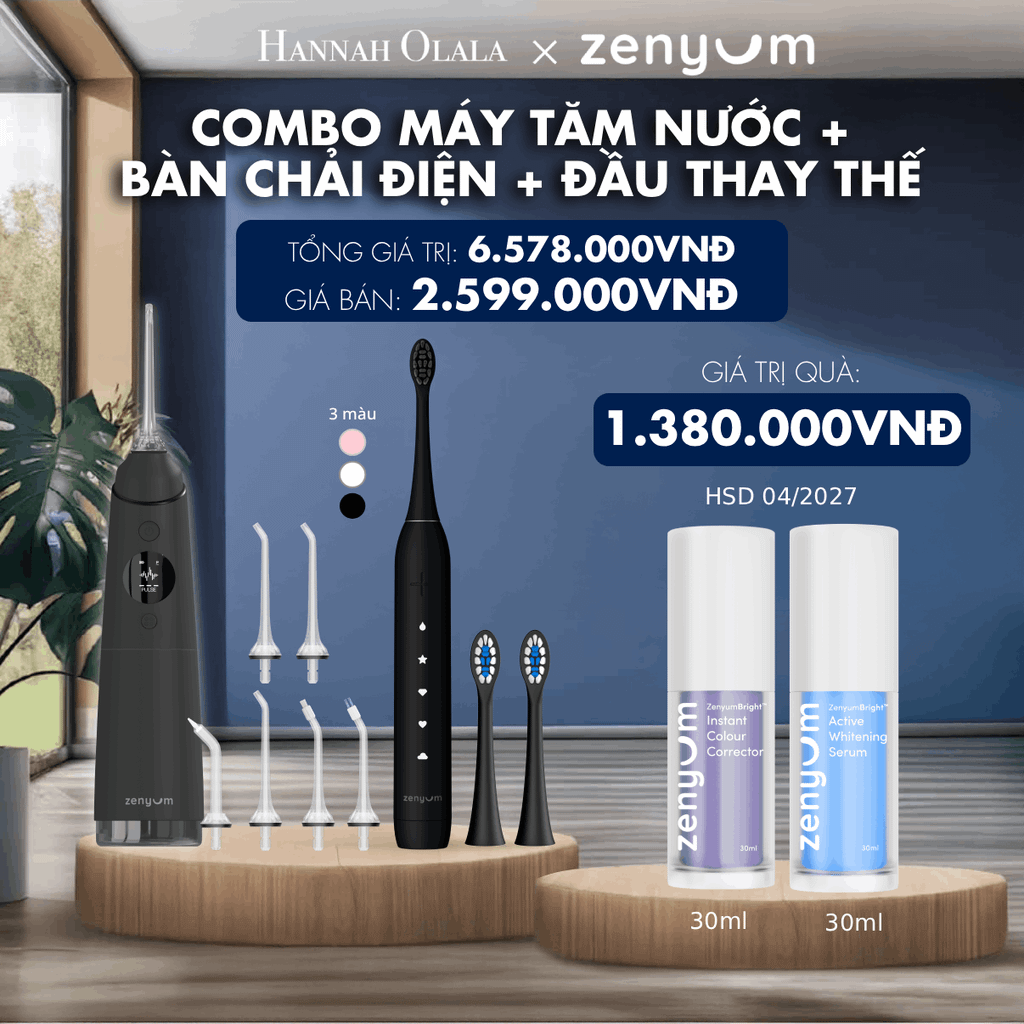  DEAL 3: COMBO MÁY TĂM NƯỚC ZENYUM PRO + 6 ĐẦU THAY+ BÀN CHẢI ĐIỆN ZENYUM SONIC 2.0 + 2 ĐẦU THAY ÊM DỊU 