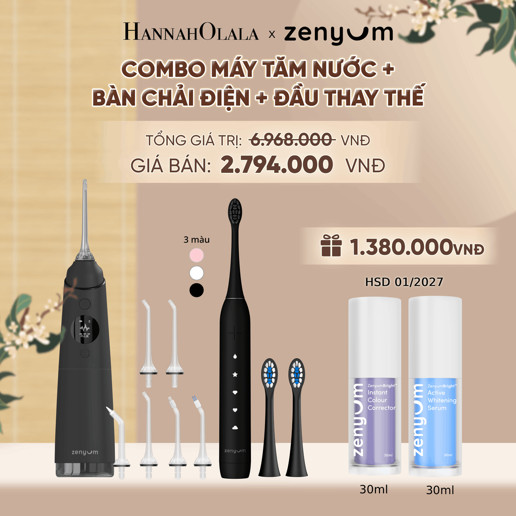  COMBO MÁY TĂM NƯỚC ZENYUM PRO + 6 ĐẦU THAY+ BÀN CHẢI ĐIỆN ZENYUM SONIC 2.0 + 2 ĐẦU THAY ÊM DỊU + SERUM ĐIỀU CHỈNH, LÀM TRẮNG RĂNG - A1744 
