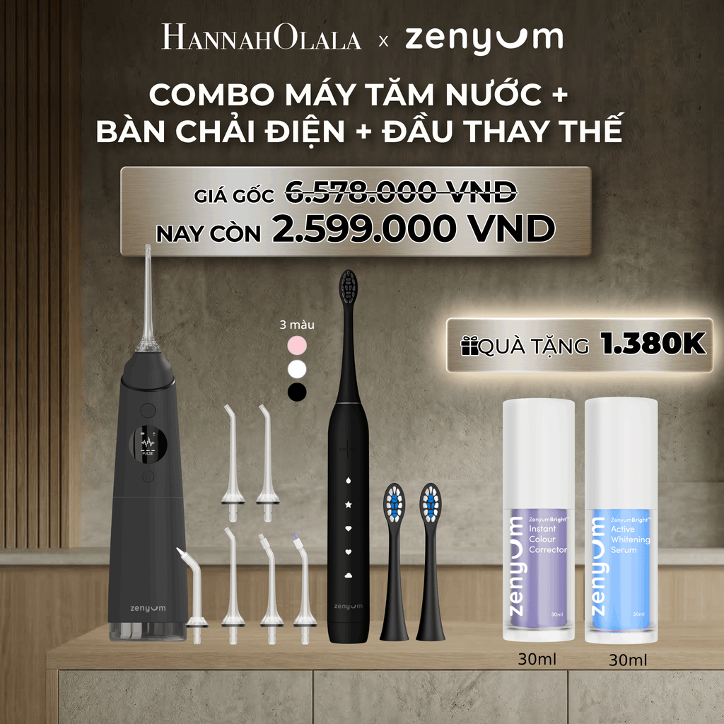  DEAL 3: COMBO MÁY TĂM NƯỚC ZENYUM PRO + 6 ĐẦU THAY+ BÀN CHẢI ĐIỆN ZENYUM SONIC 2.0 + 2 ĐẦU THAY ÊM DỊU 
