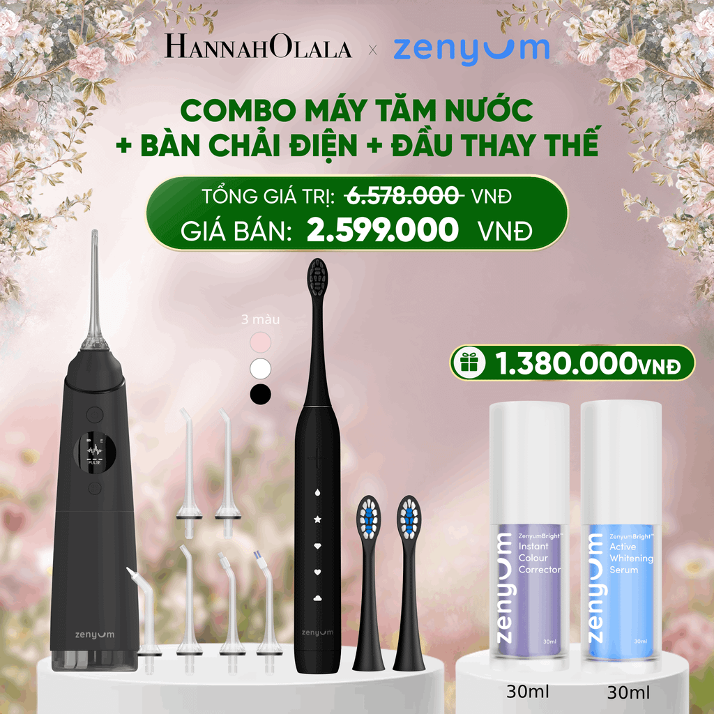  DEAL 3: COMBO MÁY TĂM NƯỚC ZENYUM PRO + 6 ĐẦU THAY+ BÀN CHẢI ĐIỆN ZENYUM SONIC 2.0 + 2 ĐẦU THAY ÊM DỊU 