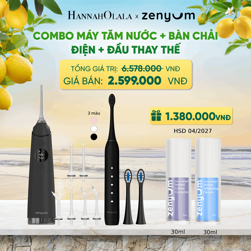  COMBO MÁY TĂM NƯỚC ZENYUM PRO + 6 ĐẦU THAY+ BÀN CHẢI ĐIỆN ZENYUM SONIC 2.0 + 2 ĐẦU THAY ÊM DỊU - A1548 
