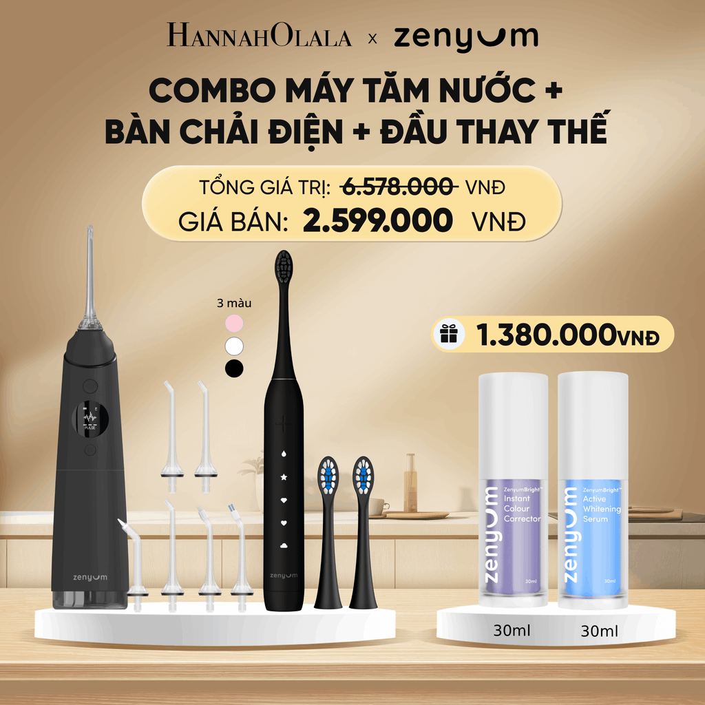  DEAL 3: BỘ MÁY TĂM NƯỚC ZENYUM PRO + 6 ĐẦU THAY+ BÀN CHẢI ĐIỆN ZENYUM SONIC 2.0 + 2 ĐẦU THAY ÊM DỊU 
