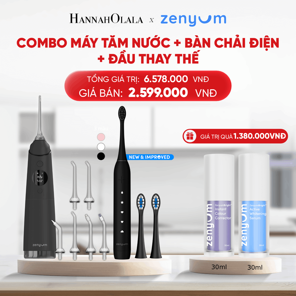  DEAL 3: BỘ MÁY TĂM NƯỚC ZENYUM PRO + 6 ĐẦU THAY+ BÀN CHẢI ĐIỆN ZENYUM SONIC 2.0 + 2 ĐẦU THAY ÊM DỊU 