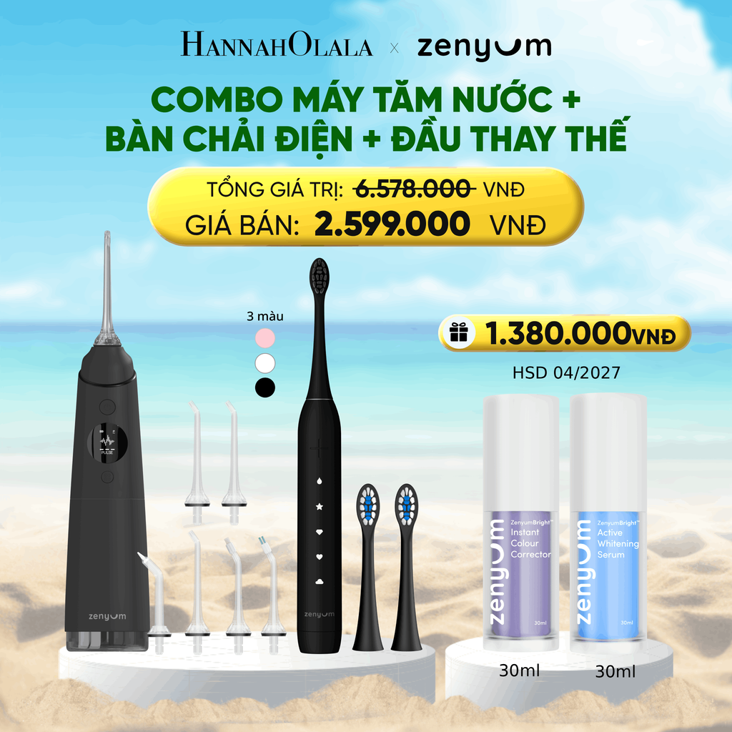  DEAL 3: COMBO MÁY TĂM NƯỚC ZENYUM PRO + 6 ĐẦU THAY+ BÀN CHẢI ĐIỆN ZENYUM SONIC 2.0 + 2 ĐẦU THAY ÊM DỊU 