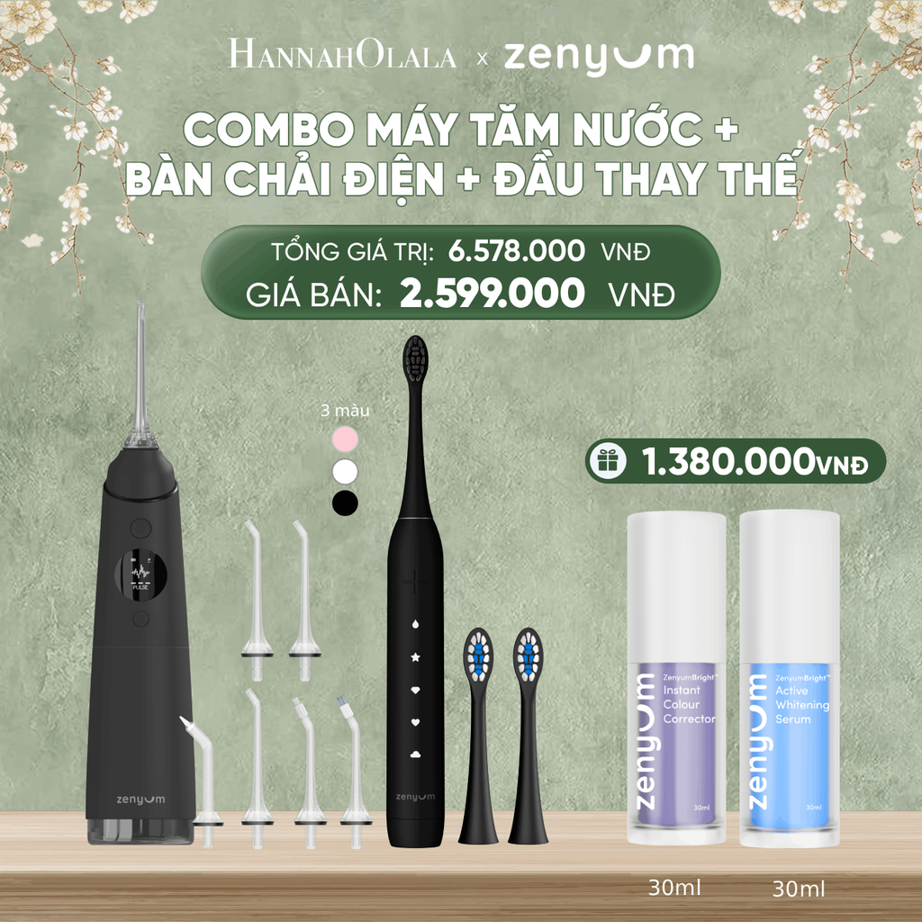  DEAL 3: BỘ MÁY TĂM NƯỚC ZENYUM PRO + 6 ĐẦU THAY+ BÀN CHẢI ĐIỆN ZENYUM SONIC 2.0 + 2 ĐẦU THAY ÊM DỊU 