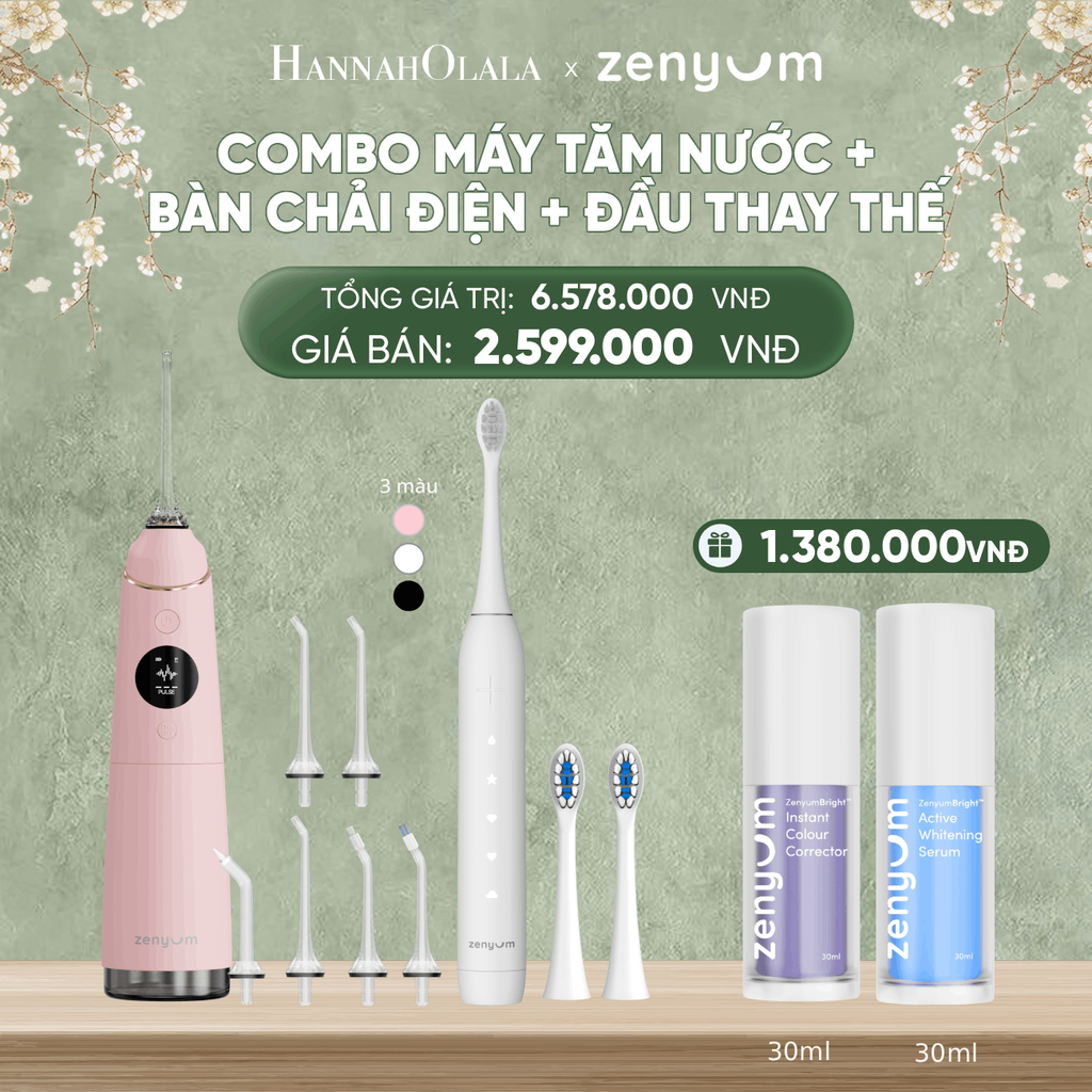  DEAL 3: BỘ MÁY TĂM NƯỚC ZENYUM PRO + 6 ĐẦU THAY+ BÀN CHẢI ĐIỆN ZENYUM SONIC 2.0 + 2 ĐẦU THAY ÊM DỊU 