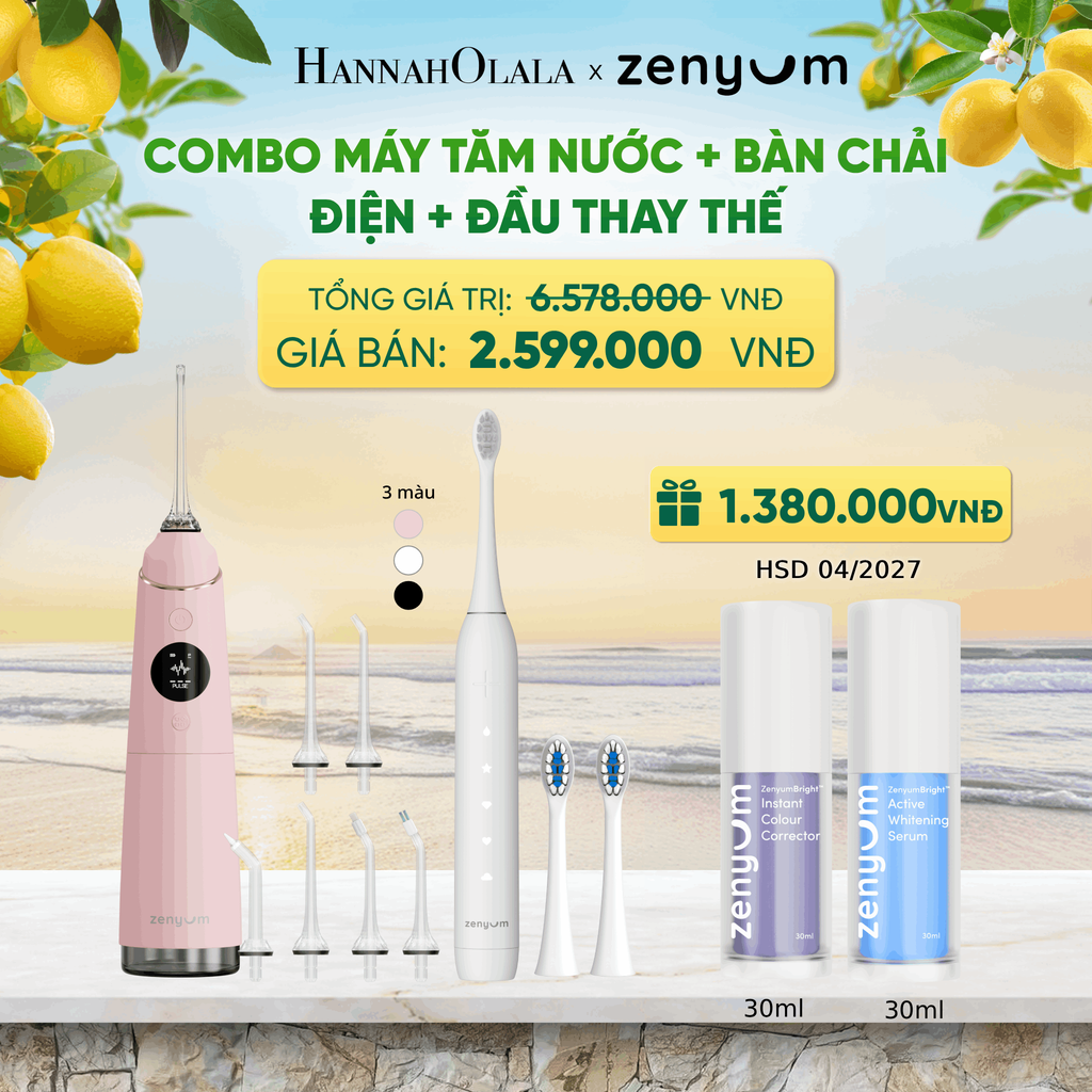  COMBO MÁY TĂM NƯỚC ZENYUM PRO + 6 ĐẦU THAY+ BÀN CHẢI ĐIỆN ZENYUM SONIC 2.0 + 2 ĐẦU THAY ÊM DỊU - A1548 