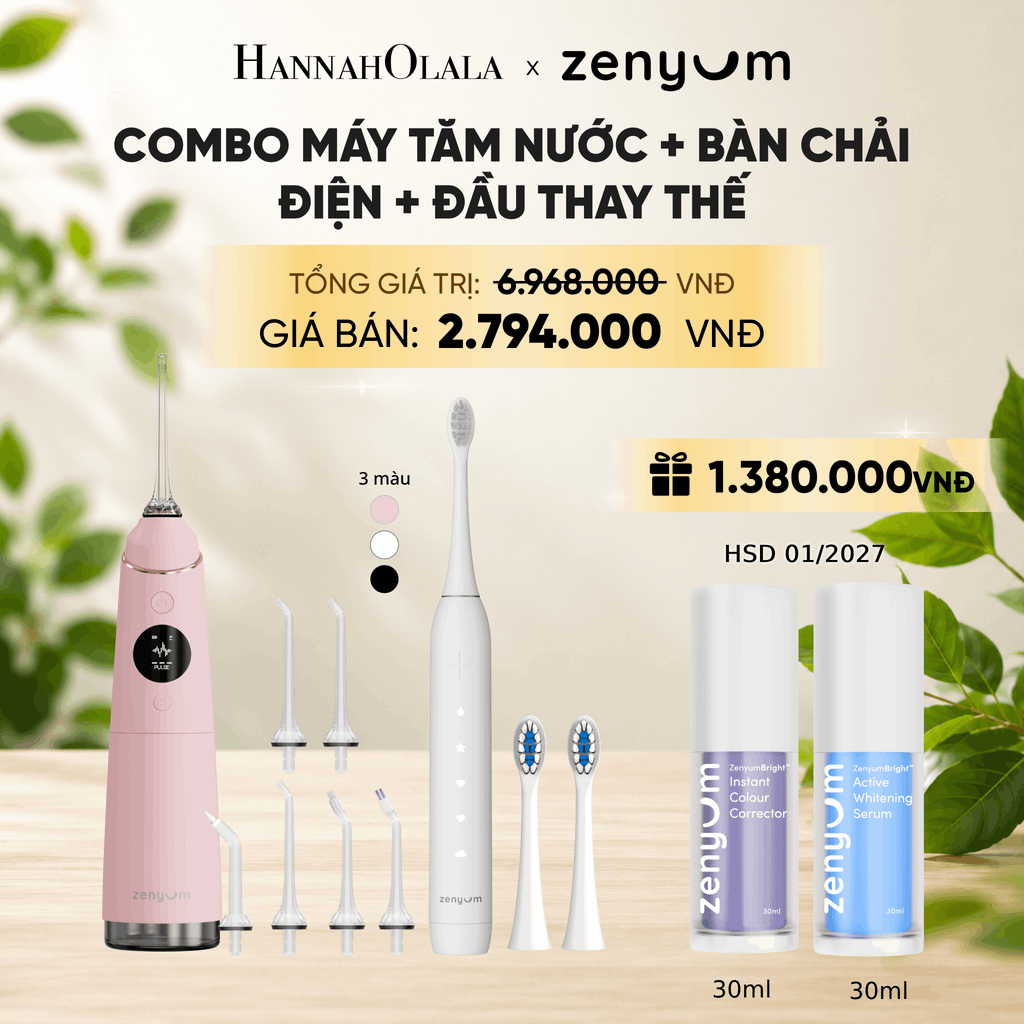  COMBO MÁY TĂM NƯỚC ZENYUM PRO + 6 ĐẦU THAY+ BÀN CHẢI ĐIỆN ZENYUM SONIC 2.0 + 2 ĐẦU THAY ÊM DỊU + SERUM ĐIỀU CHỈNH, LÀM TRẮNG RĂNG 