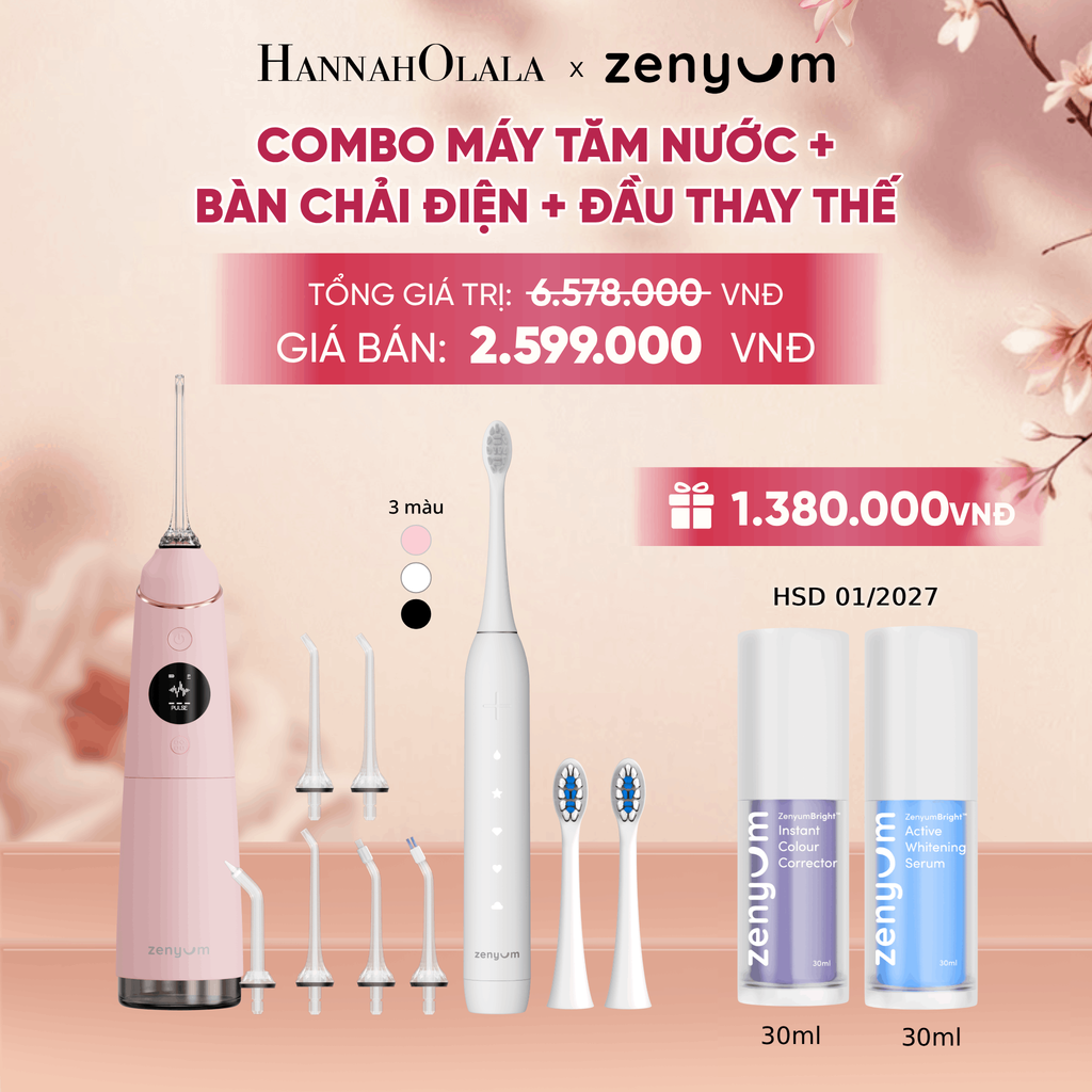  COMBO MÁY TĂM NƯỚC ZENYUM PRO + 6 ĐẦU THAY+ BÀN CHẢI ĐIỆN ZENYUM SONIC 2.0 + 2 ĐẦU THAY ÊM DỊU - A1928 