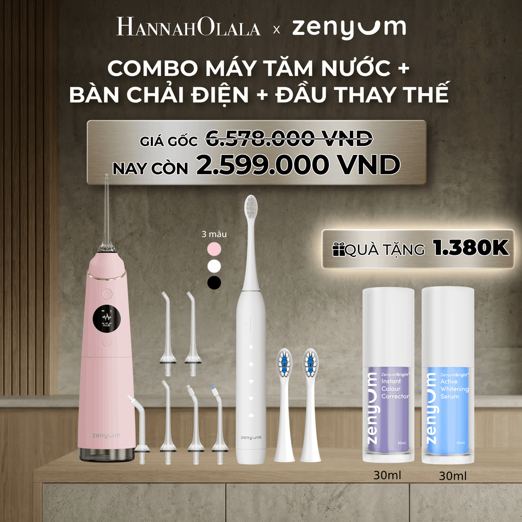  DEAL 3: COMBO MÁY TĂM NƯỚC ZENYUM PRO + 6 ĐẦU THAY+ BÀN CHẢI ĐIỆN ZENYUM SONIC 2.0 + 2 ĐẦU THAY ÊM DỊU 