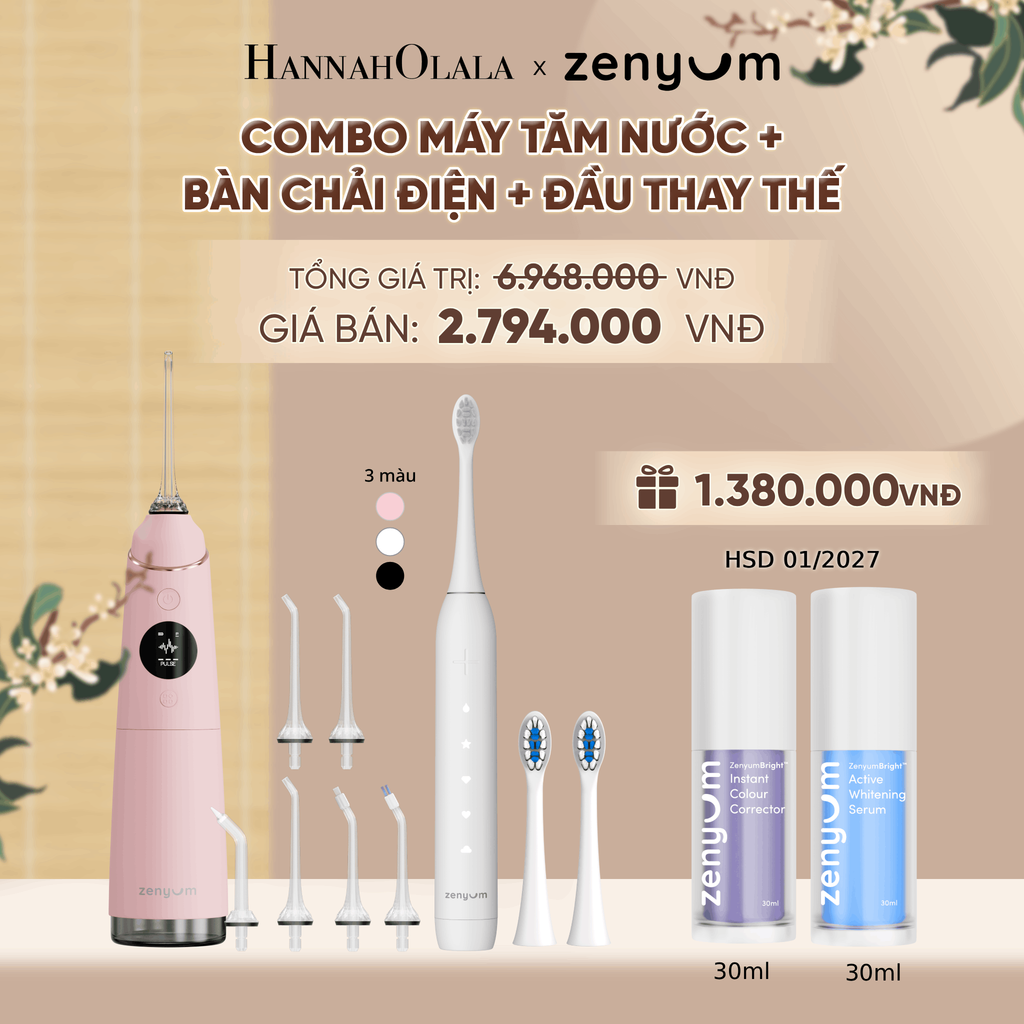  COMBO MÁY TĂM NƯỚC ZENYUM PRO + 6 ĐẦU THAY+ BÀN CHẢI ĐIỆN ZENYUM SONIC 2.0 + 2 ĐẦU THAY ÊM DỊU + SERUM ĐIỀU CHỈNH, LÀM TRẮNG RĂNG - A1744 