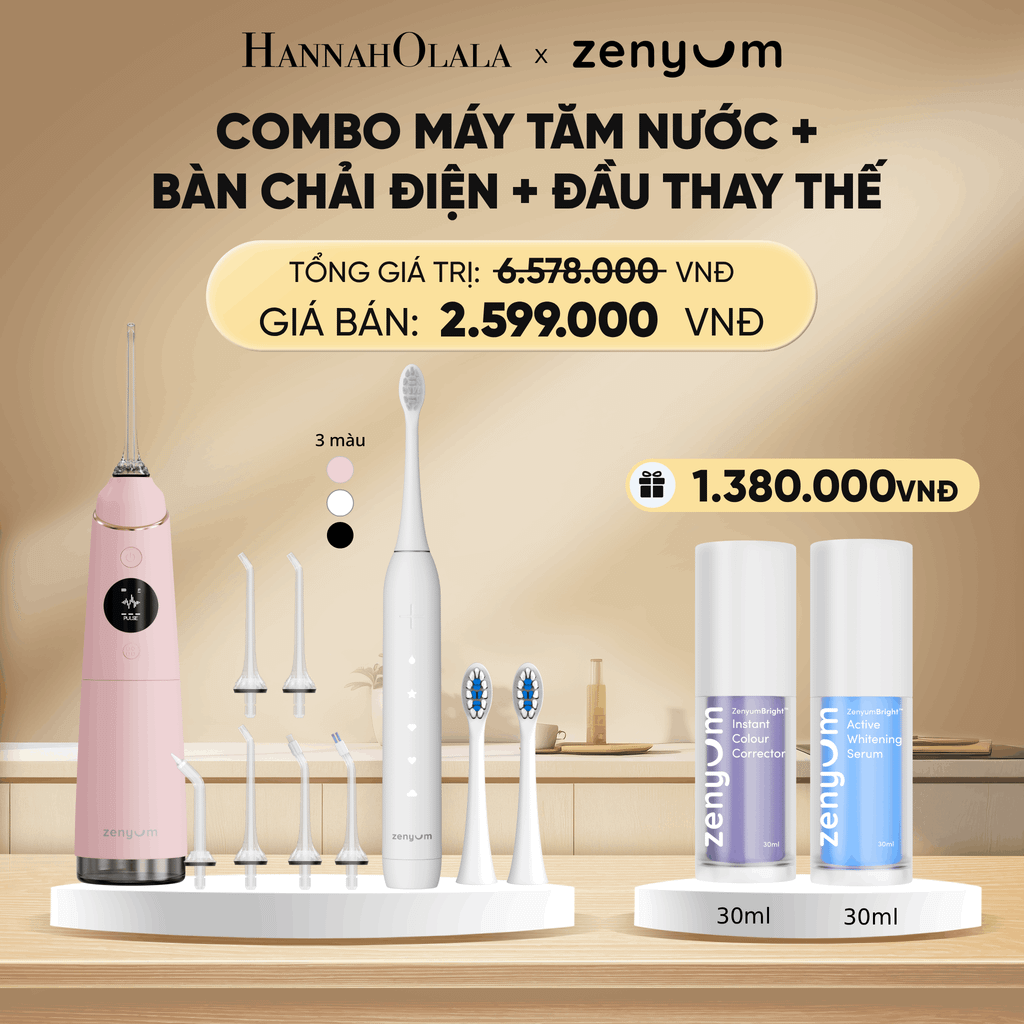  DEAL 3: BỘ MÁY TĂM NƯỚC ZENYUM PRO + 6 ĐẦU THAY+ BÀN CHẢI ĐIỆN ZENYUM SONIC 2.0 + 2 ĐẦU THAY ÊM DỊU 