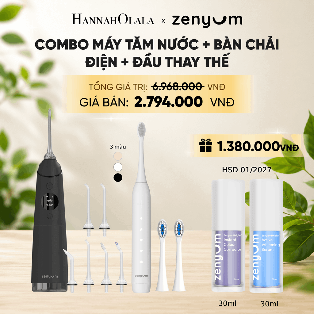  COMBO MÁY TĂM NƯỚC ZENYUM PRO + 6 ĐẦU THAY+ BÀN CHẢI ĐIỆN ZENYUM SONIC 2.0 + 2 ĐẦU THAY ÊM DỊU + SERUM ĐIỀU CHỈNH, LÀM TRẮNG RĂNG 