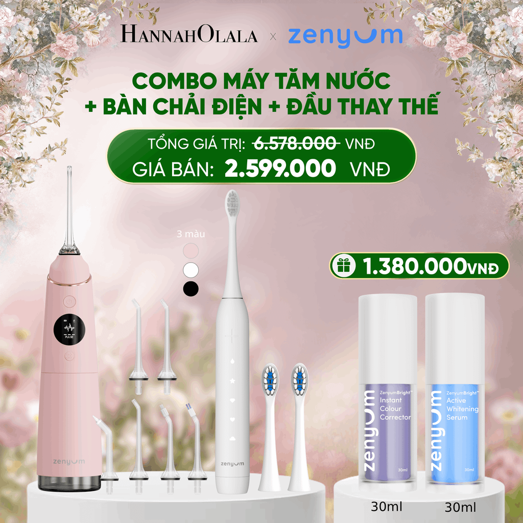  DEAL 3: COMBO MÁY TĂM NƯỚC ZENYUM PRO + 6 ĐẦU THAY+ BÀN CHẢI ĐIỆN ZENYUM SONIC 2.0 + 2 ĐẦU THAY ÊM DỊU 