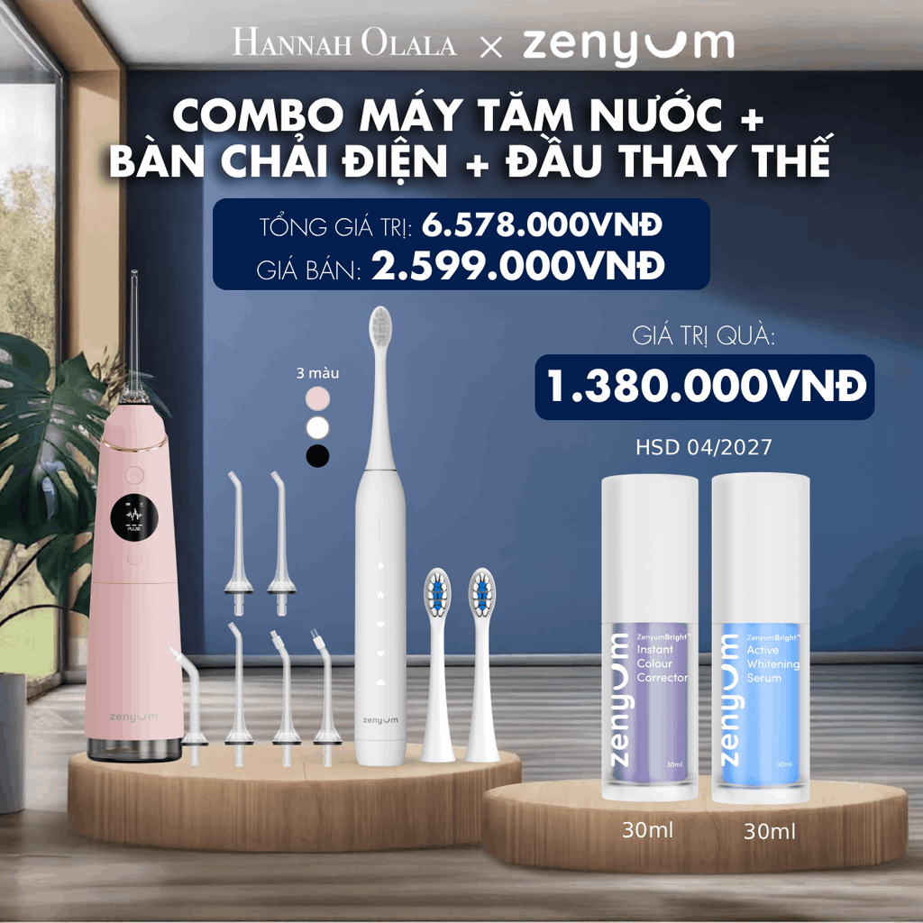  DEAL 3: COMBO MÁY TĂM NƯỚC ZENYUM PRO + 6 ĐẦU THAY+ BÀN CHẢI ĐIỆN ZENYUM SONIC 2.0 + 2 ĐẦU THAY ÊM DỊU 