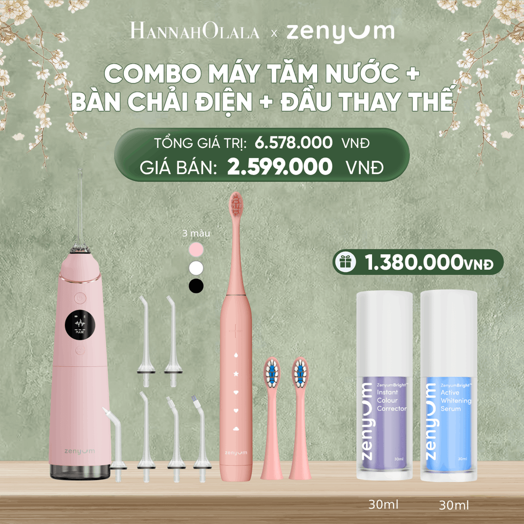  DEAL 3: BỘ MÁY TĂM NƯỚC ZENYUM PRO + 6 ĐẦU THAY+ BÀN CHẢI ĐIỆN ZENYUM SONIC 2.0 + 2 ĐẦU THAY ÊM DỊU 