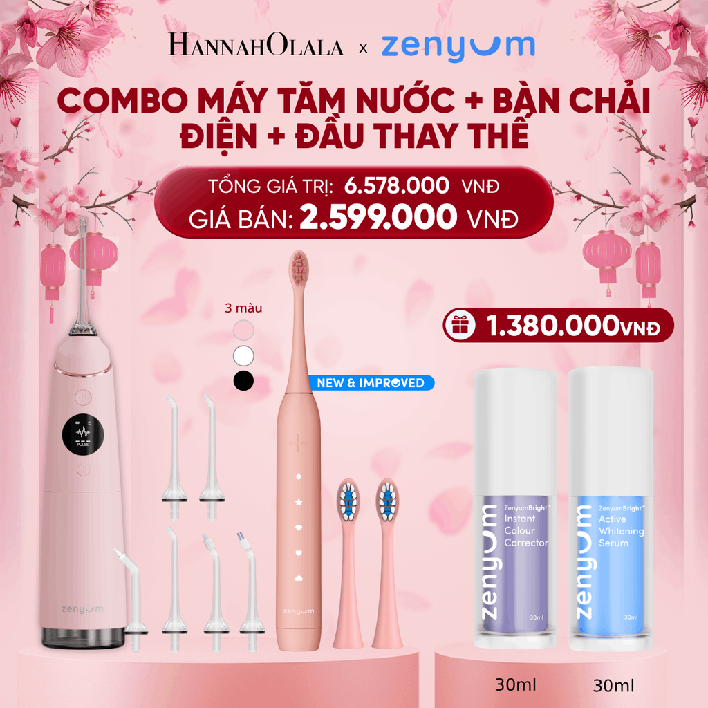  DEAL 3: BỘ MÁY TĂM NƯỚC ZENYUM PRO + 6 ĐẦU THAY+ BÀN CHẢI ĐIỆN ZENYUM SONIC 2.0 + 2 ĐẦU THAY ÊM DỊU 