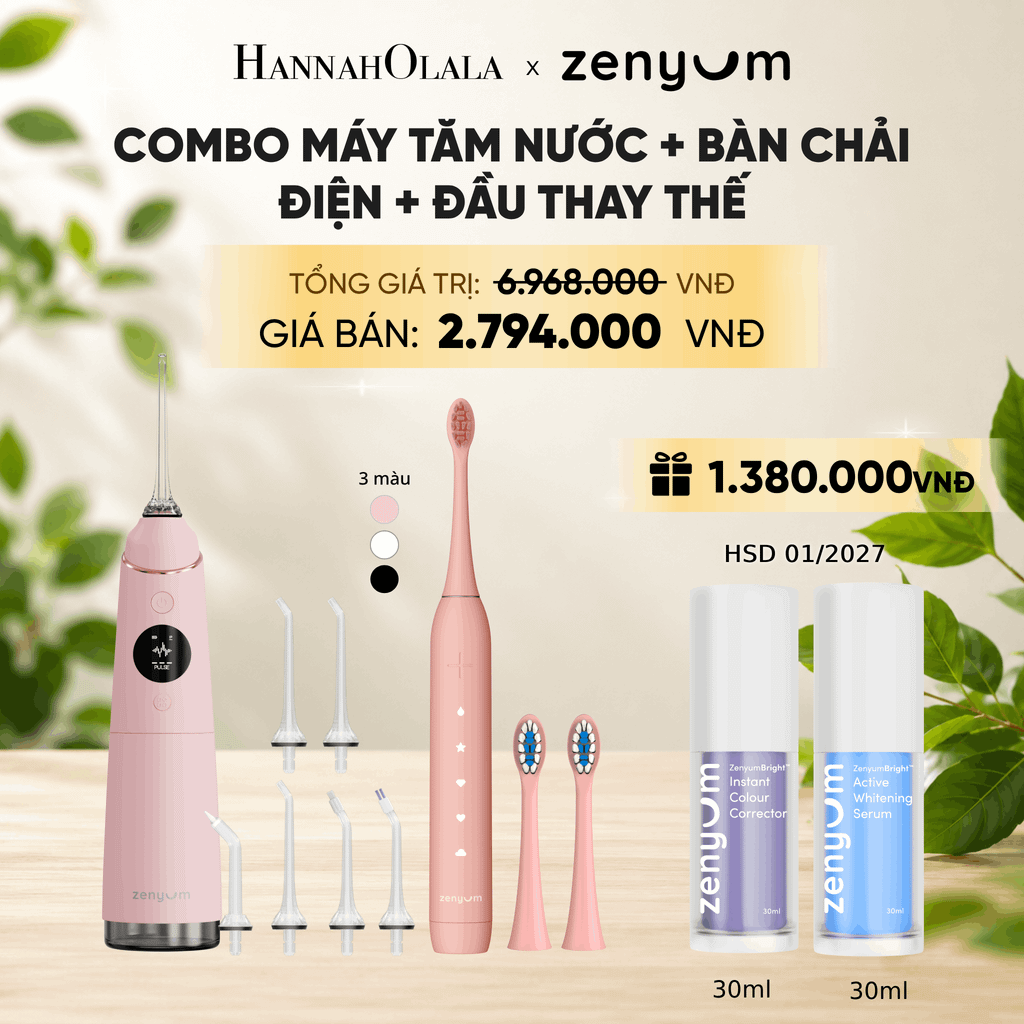  COMBO MÁY TĂM NƯỚC ZENYUM PRO + 6 ĐẦU THAY+ BÀN CHẢI ĐIỆN ZENYUM SONIC 2.0 + 2 ĐẦU THAY ÊM DỊU + SERUM ĐIỀU CHỈNH, LÀM TRẮNG RĂNG 