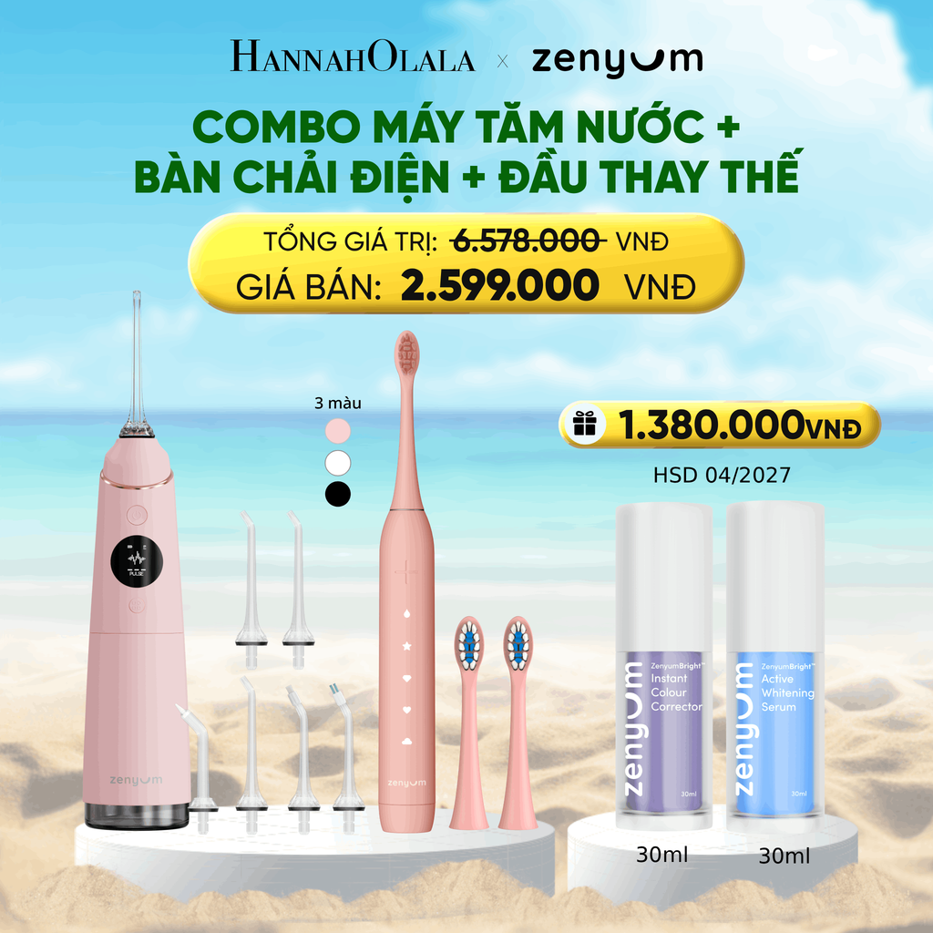  DEAL 3: COMBO MÁY TĂM NƯỚC ZENYUM PRO + 6 ĐẦU THAY+ BÀN CHẢI ĐIỆN ZENYUM SONIC 2.0 + 2 ĐẦU THAY ÊM DỊU 