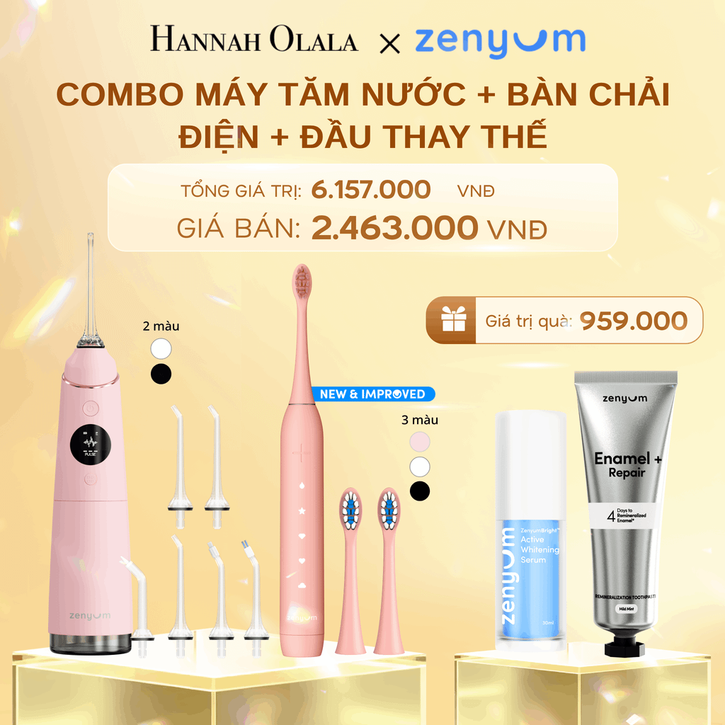  DEAL 3: BỘ MÁY TĂM NƯỚC ZENYUM PRO + 6 ĐẦU THAY+ BÀN CHẢI ĐIỆN ZENYUM SONIC 2.0 + 2 ĐẦU THAY ÊM DỊU 