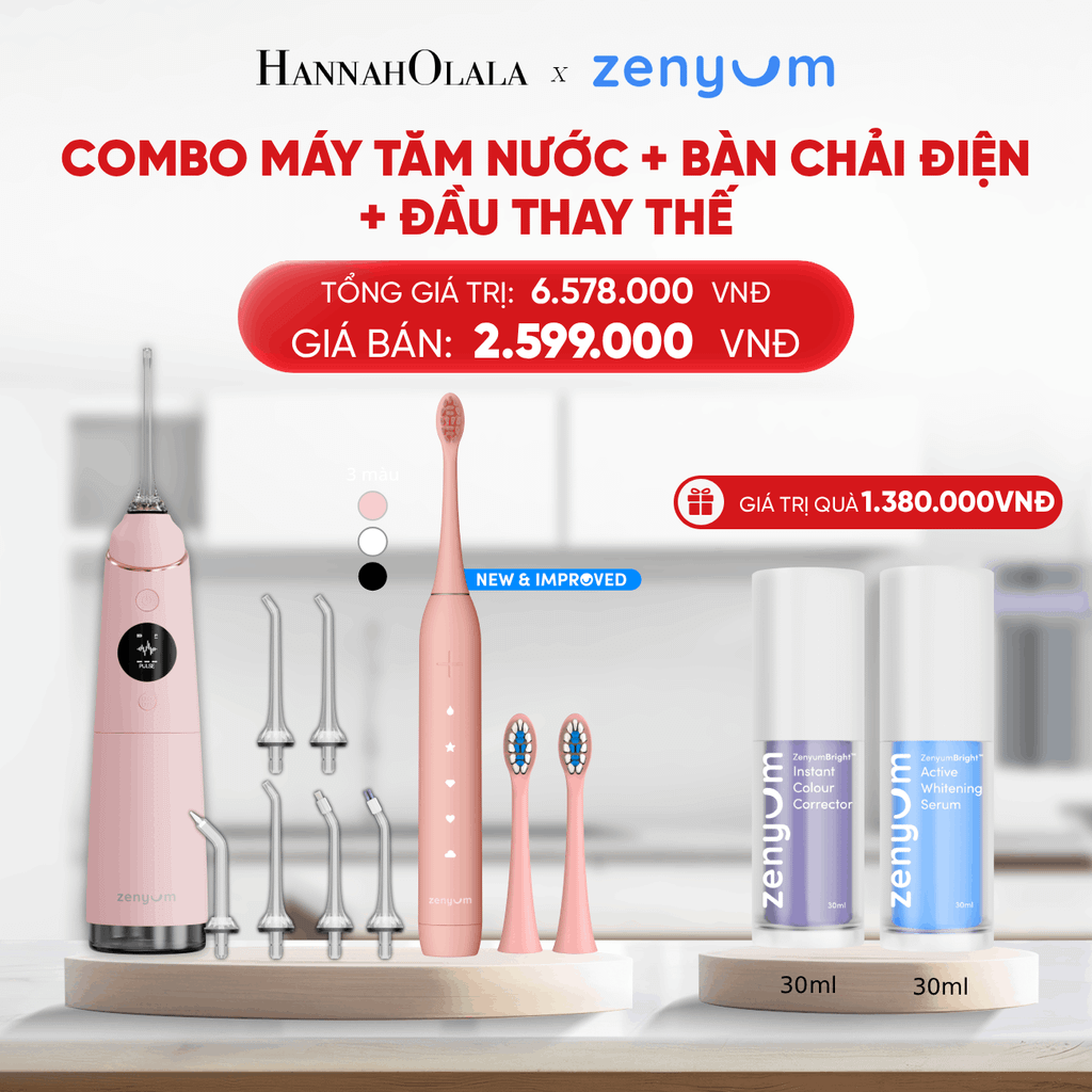  DEAL 3: BỘ MÁY TĂM NƯỚC ZENYUM PRO + 6 ĐẦU THAY+ BÀN CHẢI ĐIỆN ZENYUM SONIC 2.0 + 2 ĐẦU THAY ÊM DỊU 